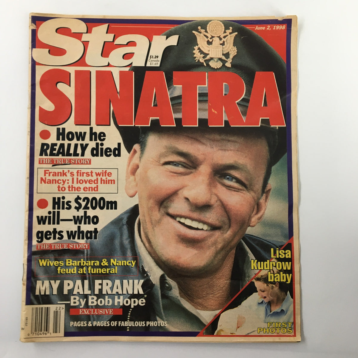 Cover of Star Tabloid Magazine from June 2, 1998, featuring Frank Sinatra with headlines including insights into his life and legacy, an article by Bob Hope, and a mention of Lisa Kudrow's baby.
