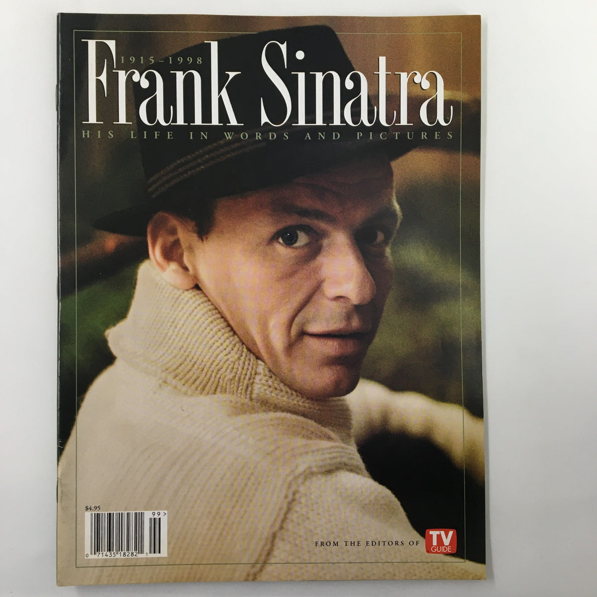 TV Guide Magazine 1998 featuring Frank Sinatra, showcasing his life in words and pictures, with a close-up of Sinatra looking back over his shoulder, dressed in a light sweater and hat.