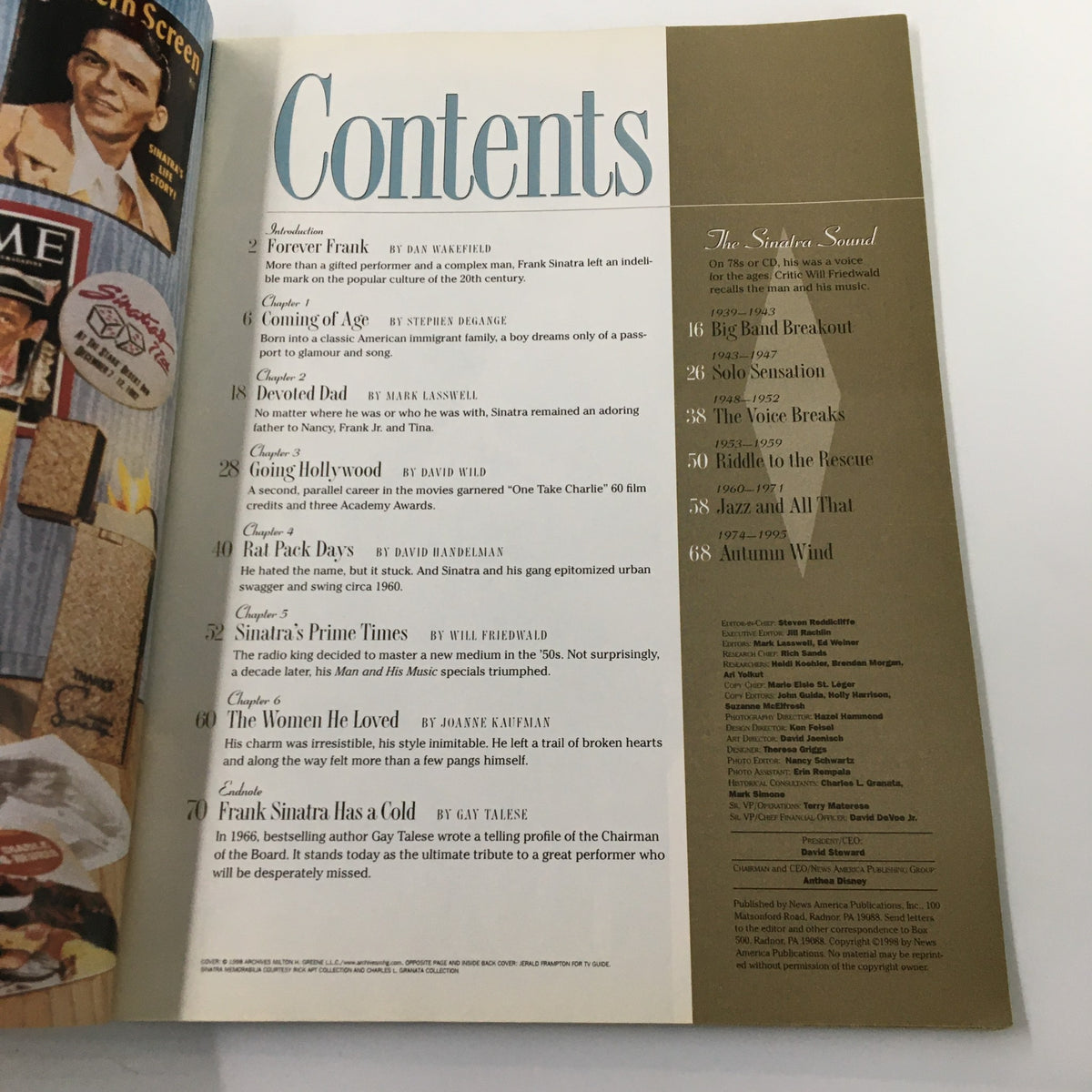 Contents page of TV Guide Magazine 1998 dedicated to Frank Sinatra, displaying chapter titles and articles including 'Devoted Dad' and 'Sinatra's Prime Times', highlighting key moments in Sinatra's life.