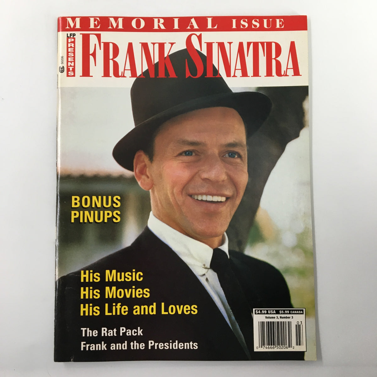 Cover of LFP Magazine Vol. 3 #3, Frank Sinatra Memorial Issue, featuring a smiling Frank Sinatra in a black hat, highlighted by text 'MEMORIAL ISSUE' and 'BONUS PINUPS'.