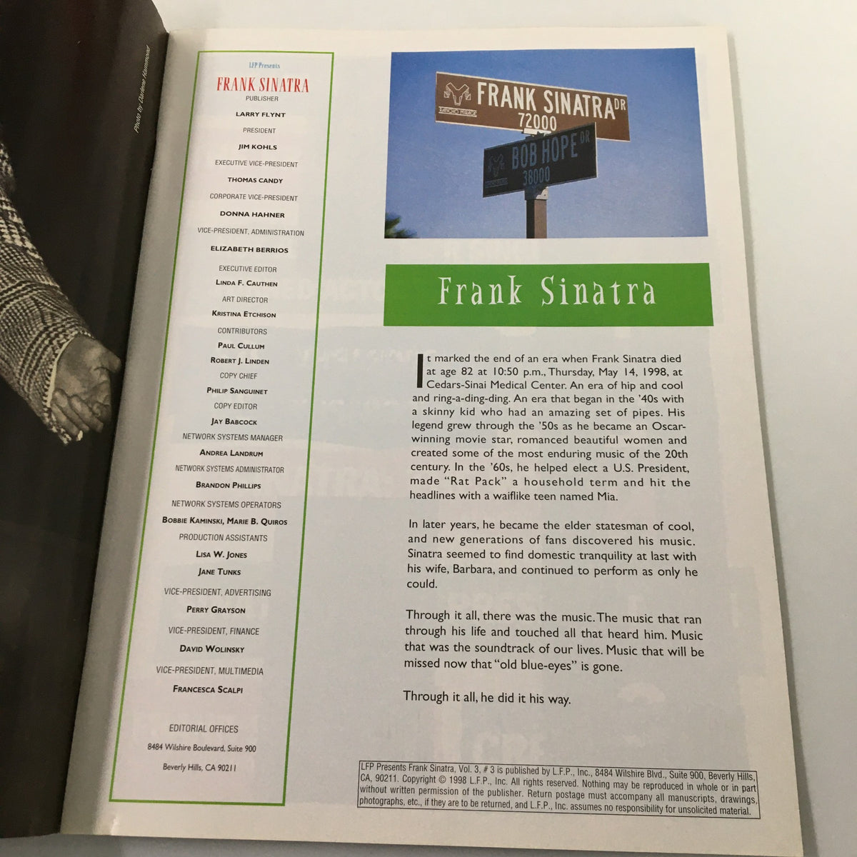 Inside page of LFP Magazine Vol. 3 #3, highlighting Frank Sinatra's biography with a photo of a Frank Sinatra street sign, chronicling significant moments in his life.