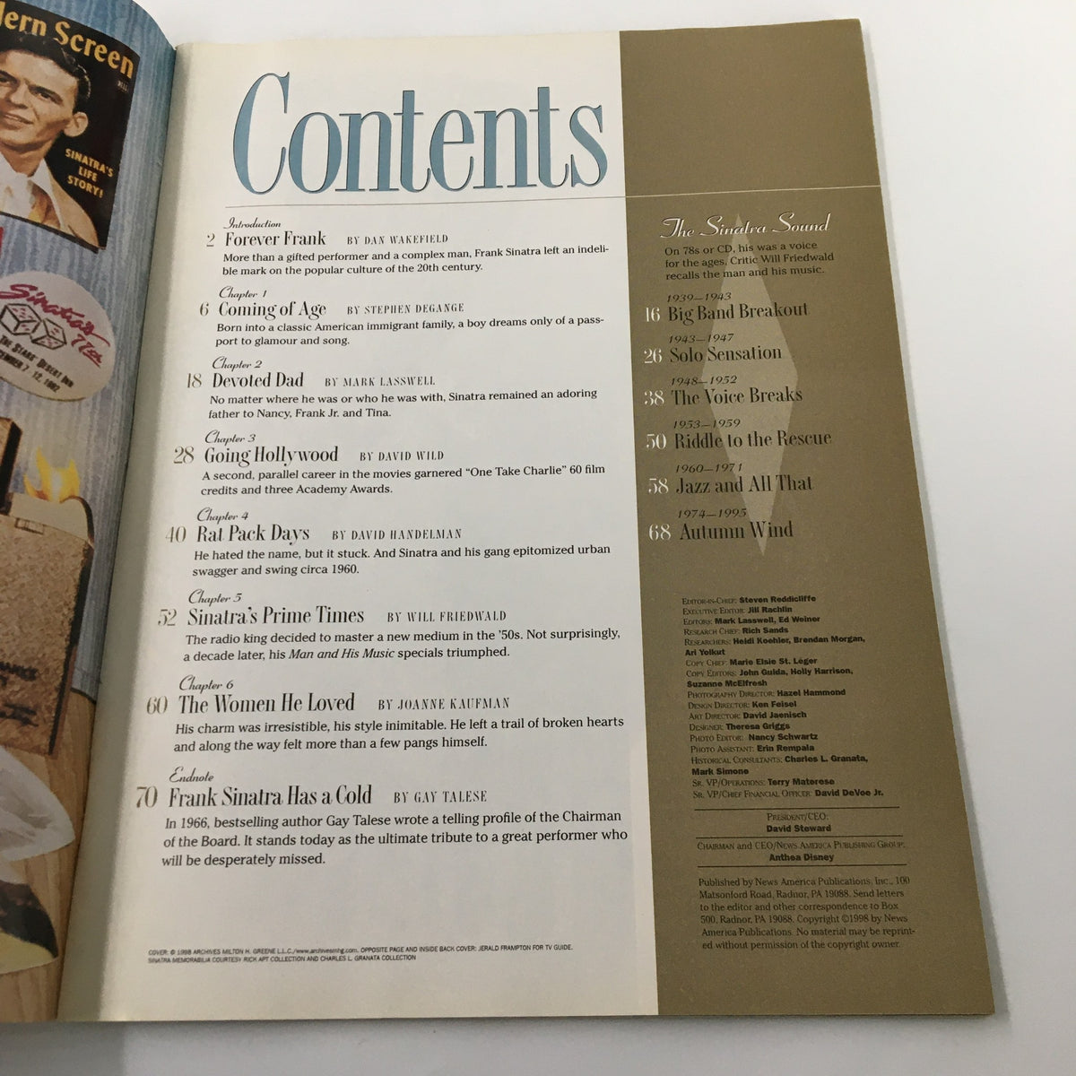 Contents page of the TV Guide Magazine featuring Frank Sinatra, showcasing chapter titles such as 'Forever Frank' and 'Sinatra's Prime Times.'
