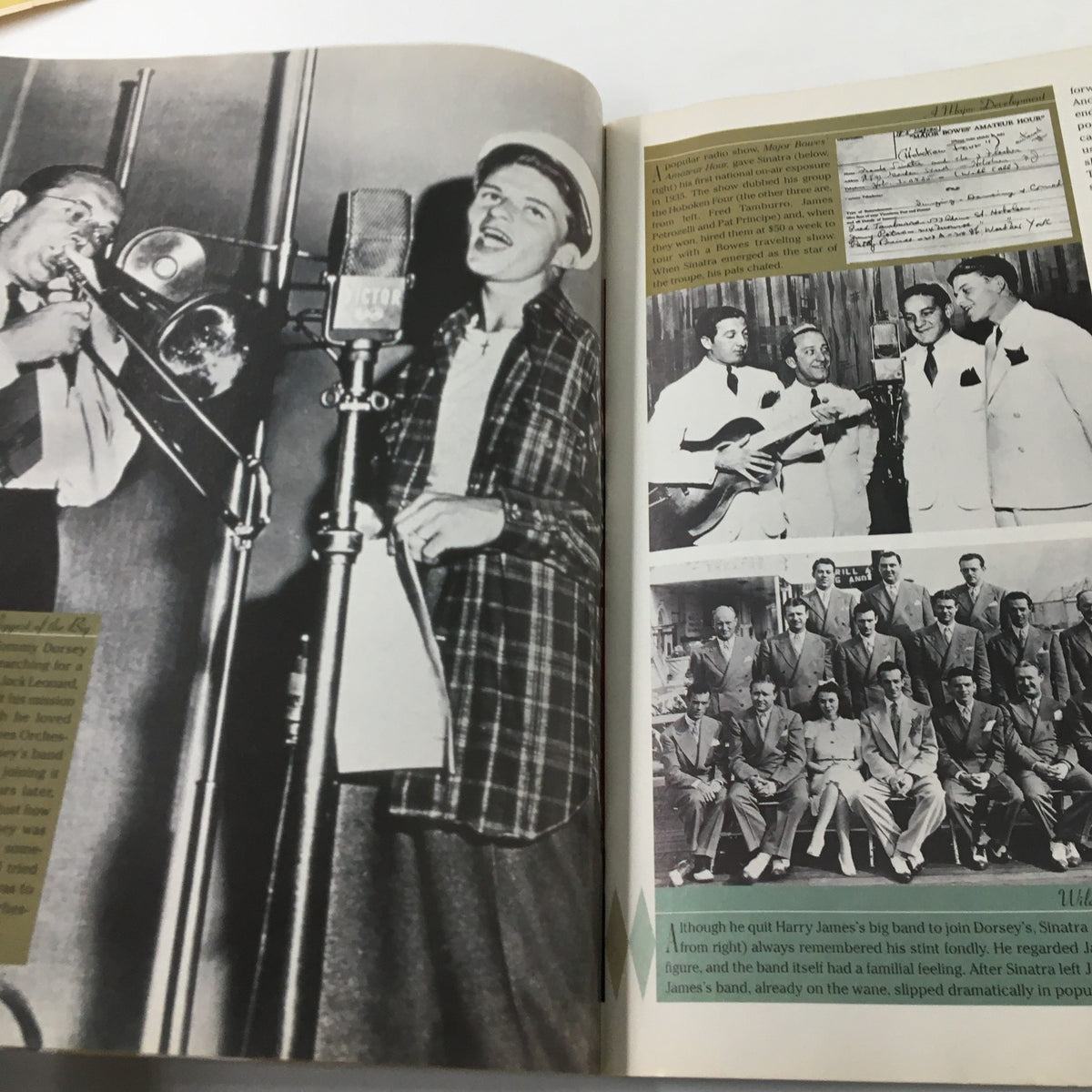 Image from the TV Guide Magazine depicting Frank Sinatra performing with a trombone player, highlighting his early career moments.