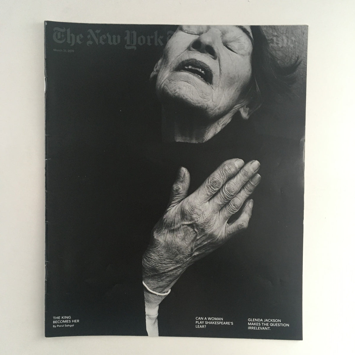 Cover of The New York Times Magazine dated March 31, 2019, featuring a striking black and white image of actress and politician Glenda Jackson, showcasing her expressive pose and emotional depth.
