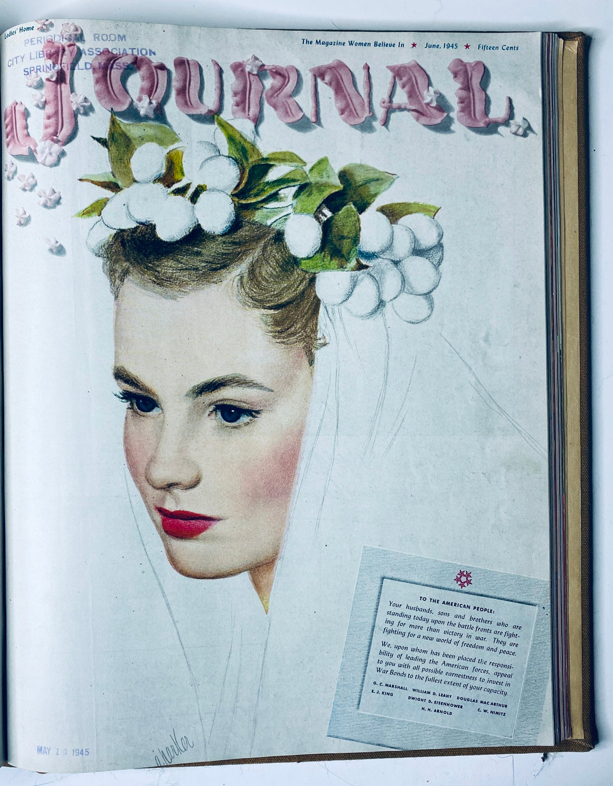 Cover page of Ladies' Home Journal, June 1945 edition, illustrating a woman with a flower crown, conveying cultural themes from the post-war period.
