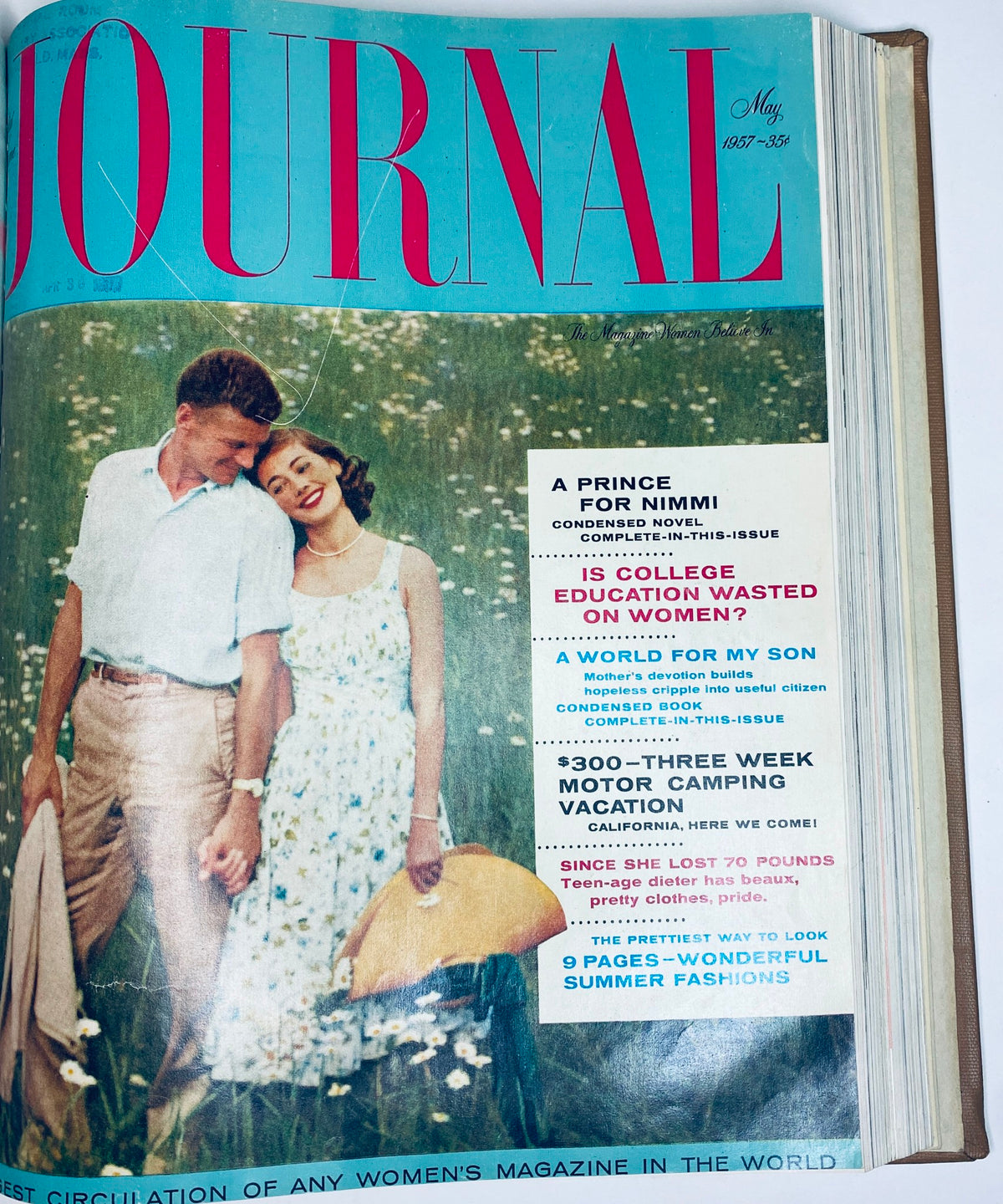 Ladies' Home Journal: May 1957. Cover features a couple in a grassy field, focusing on articles about love, education, and summer fashion.