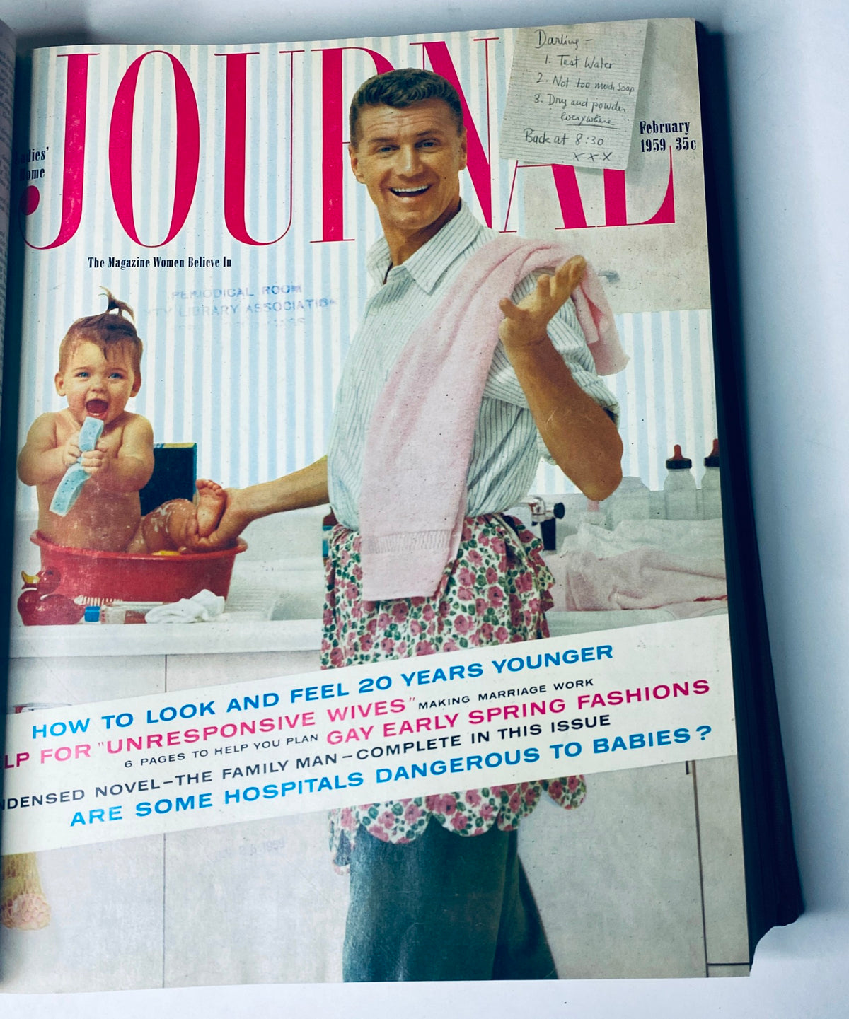 February 1959 cover of Ladies' Home Journal Bound Magazine featuring a man in a kitchen with a baby, capturing family life and contemporary parenting views.