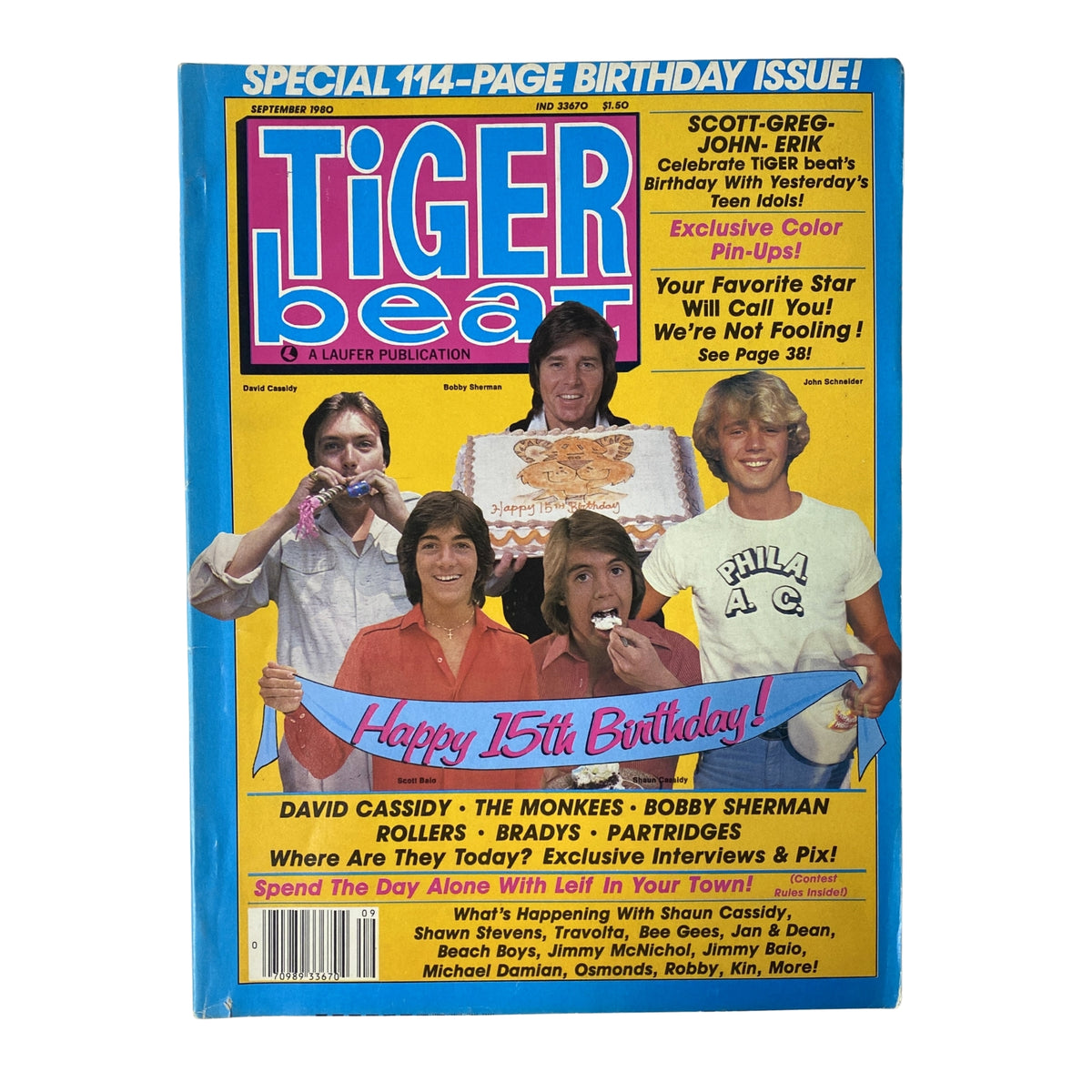 Cover of Tiger Beat Magazine September 1980 featuring David Cassidy, Bobby Sherman, and Scott Baio, celebrating the magazine's 15th birthday with colorful pin-ups and special highlights on teen idols.