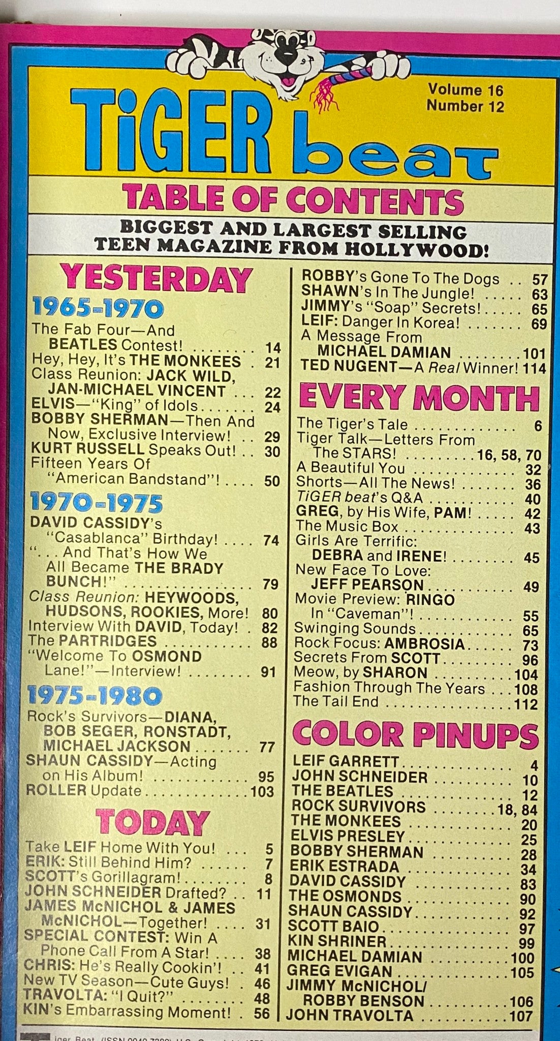 Table of contents from Tiger Beat Magazine September 1980, detailing articles and features on iconic teen stars like David Cassidy, Bobby Sherman, and The Monkees, emphasizing its status as a leading teen magazine.