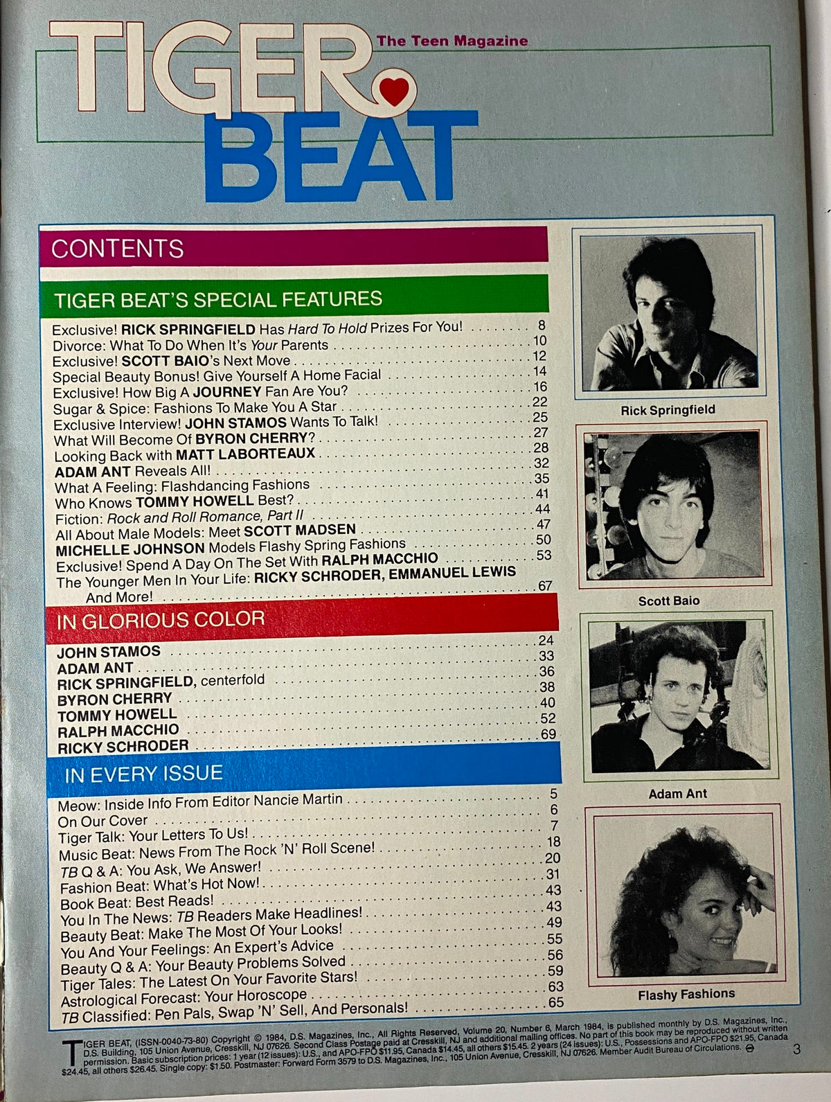 Table of contents from the March 1984 issue of Tiger Beat Magazine featuring stars like Rick Springfield, Scott Baio, Adam Ant, and more.