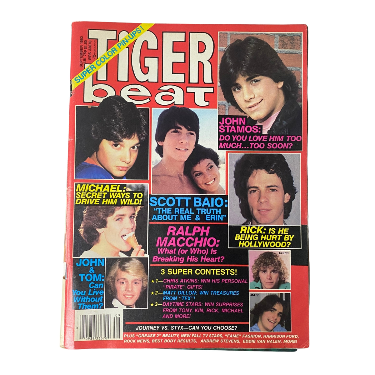 Cover of Tiger Beat Magazine from September 1982 featuring John Stamos, Ralph Macchio, Scott Baio, and other teen stars, highlighting celebrity interviews, contests, and vibrant pinups.