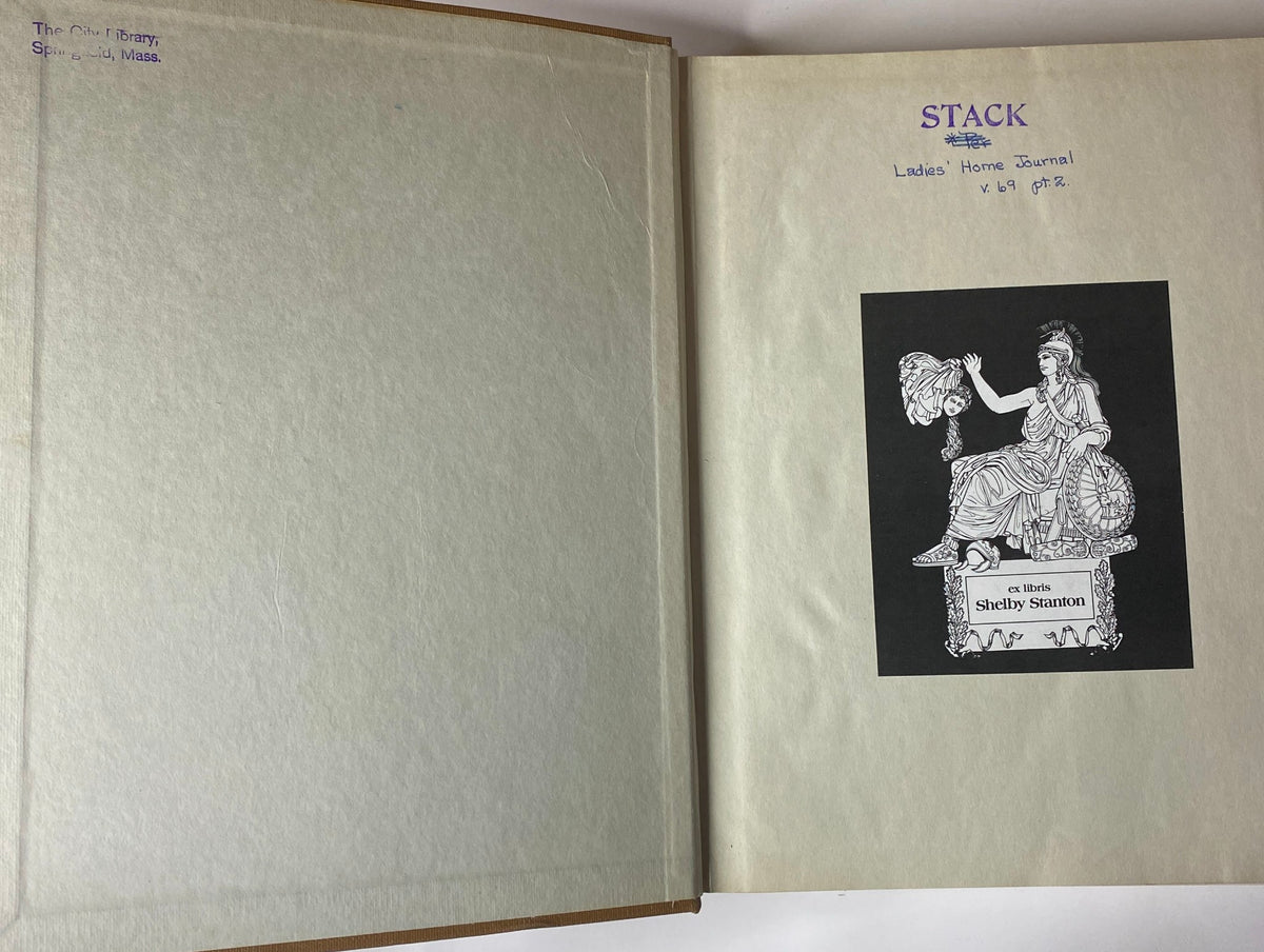 Inside page of Ladies' Home Journal, featuring an artistic bookplate with the name 'Shelby Stanton' and library stamps, showcasing vintage style.