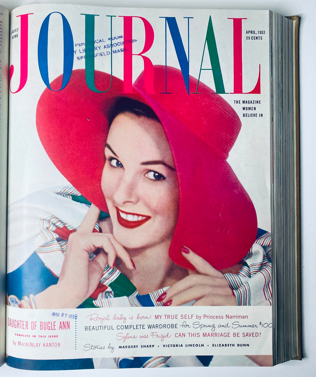 Front cover of 'Ladies' Home Journal Bound Magazine 1953' showing a woman in a vibrant pink hat, featured in April 1953 issue.