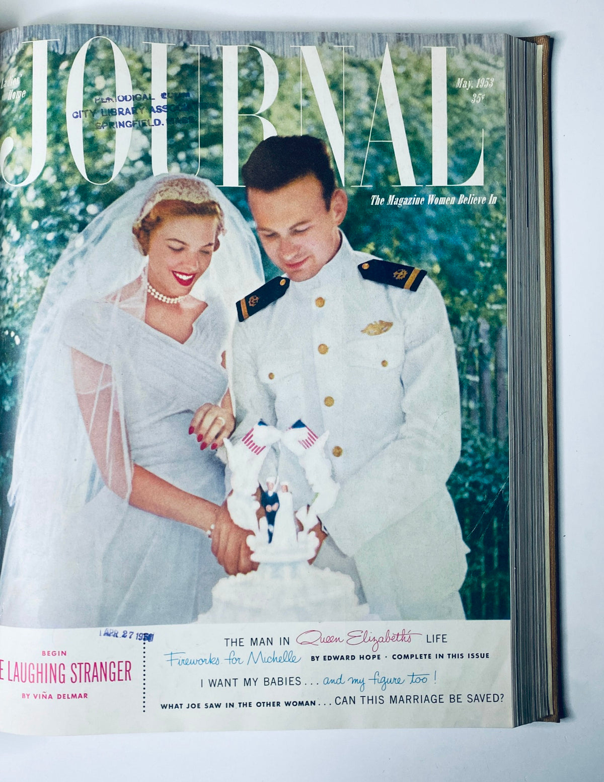 Cover of 'Ladies' Home Journal Bound Magazine 1953' depicting a newlywed couple, part of the May 1953 issue.