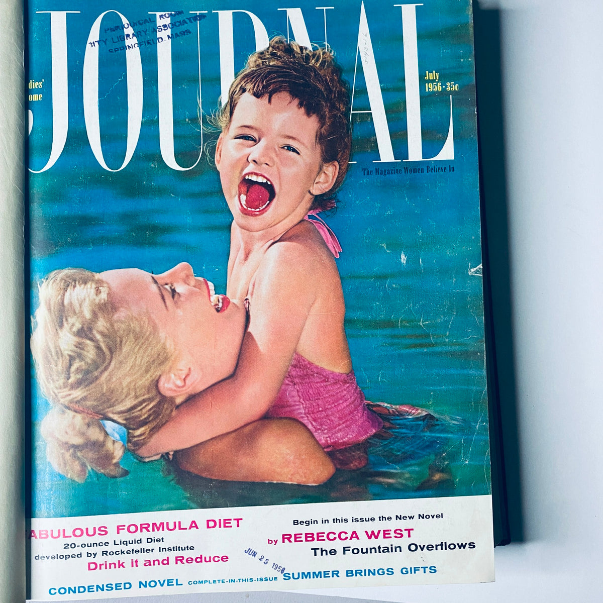 Ladies' Home Journal Library Bound Magazine 1956 Full Year January - December - Cover of July 1956 issue featuring a young girl joyfully swimming with a woman, capturing summer vibes and family moments.
