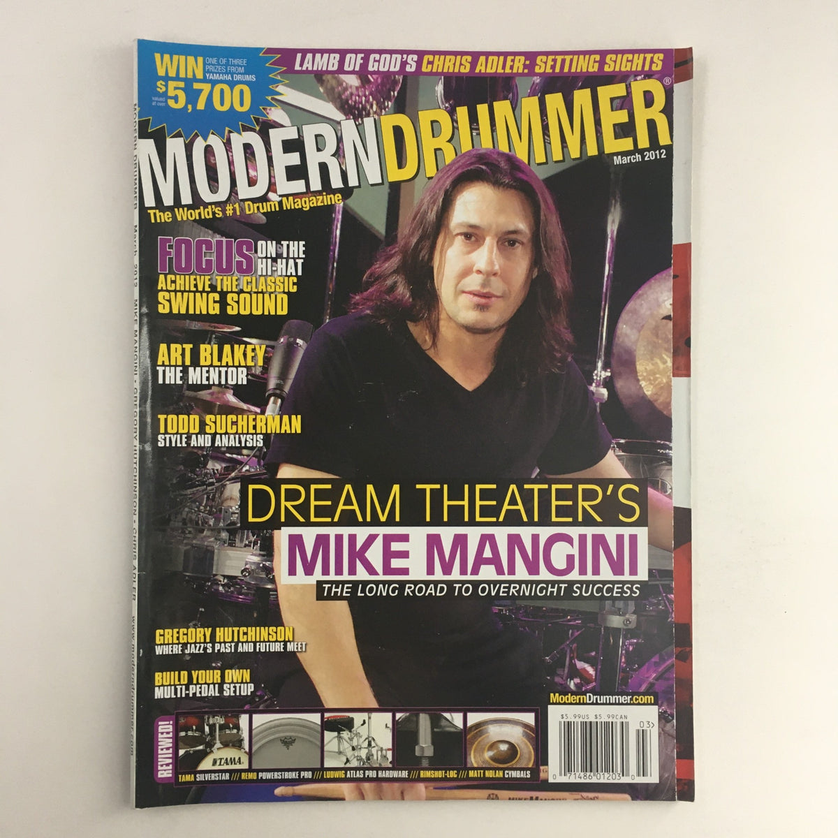 Modern Drummer Magazine March 2012 featuring Mike Mangini on the cover, highlighting his journey in music and mentorship from Art Blakey, showcasing insights into the drumming industry.
