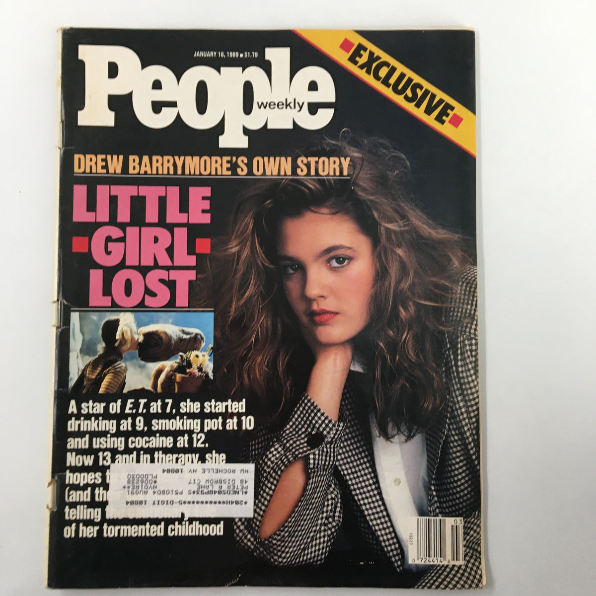Cover of January 1989 People Weekly magazine featuring Drew Barrymore with the title 'Little Girl Lost'. The magazine highlights her story, including her early struggles in Hollywood.