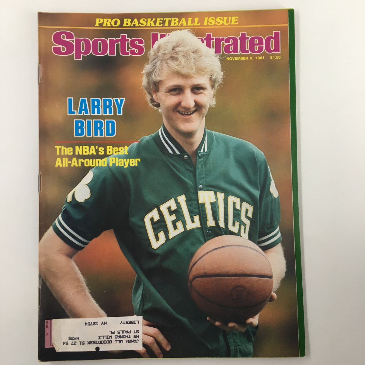 Sports Illustrated magazine from November 9, 1981, featuring Larry Bird, the NBA's best all-around player, on the cover. This vintage publication captures a significant moment in basketball history, highlighting Bird in a green Celtics jacket with a basketball.