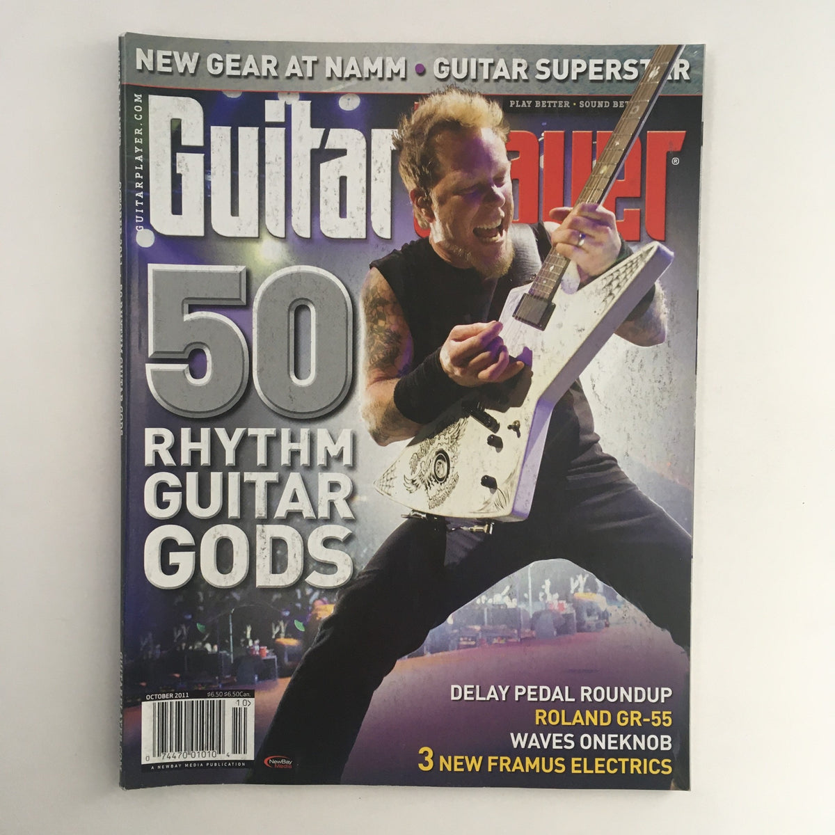Cover of Guitar Player Magazine October 2011 featuring an image of a rock guitarist, highlighting 50 rhythm guitar gods. This vintage magazine issue showcases Lindsey Buckingham and Bob Marley, making it a significant collectible for music enthusiasts.