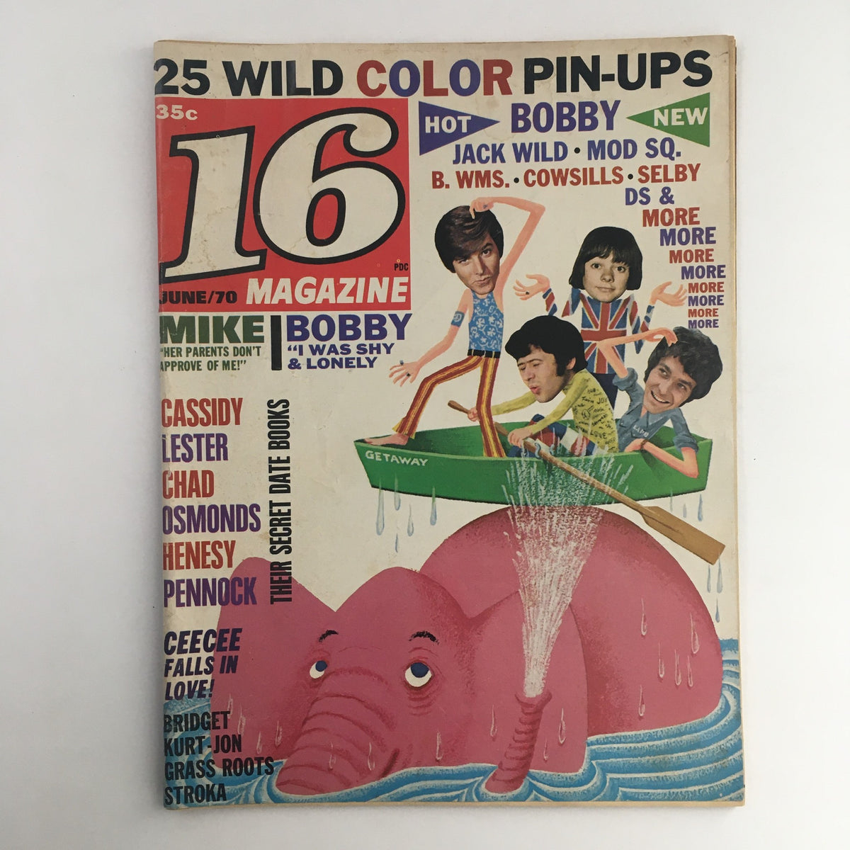 Cover of 16 Magazine from June 1970 featuring pop culture icons Bobby Sherman, Jack Wild, and Shaun Cassidy among vibrant graphics and colorful pin-ups. This iconic magazine showcases the essence of 1970s youth culture.