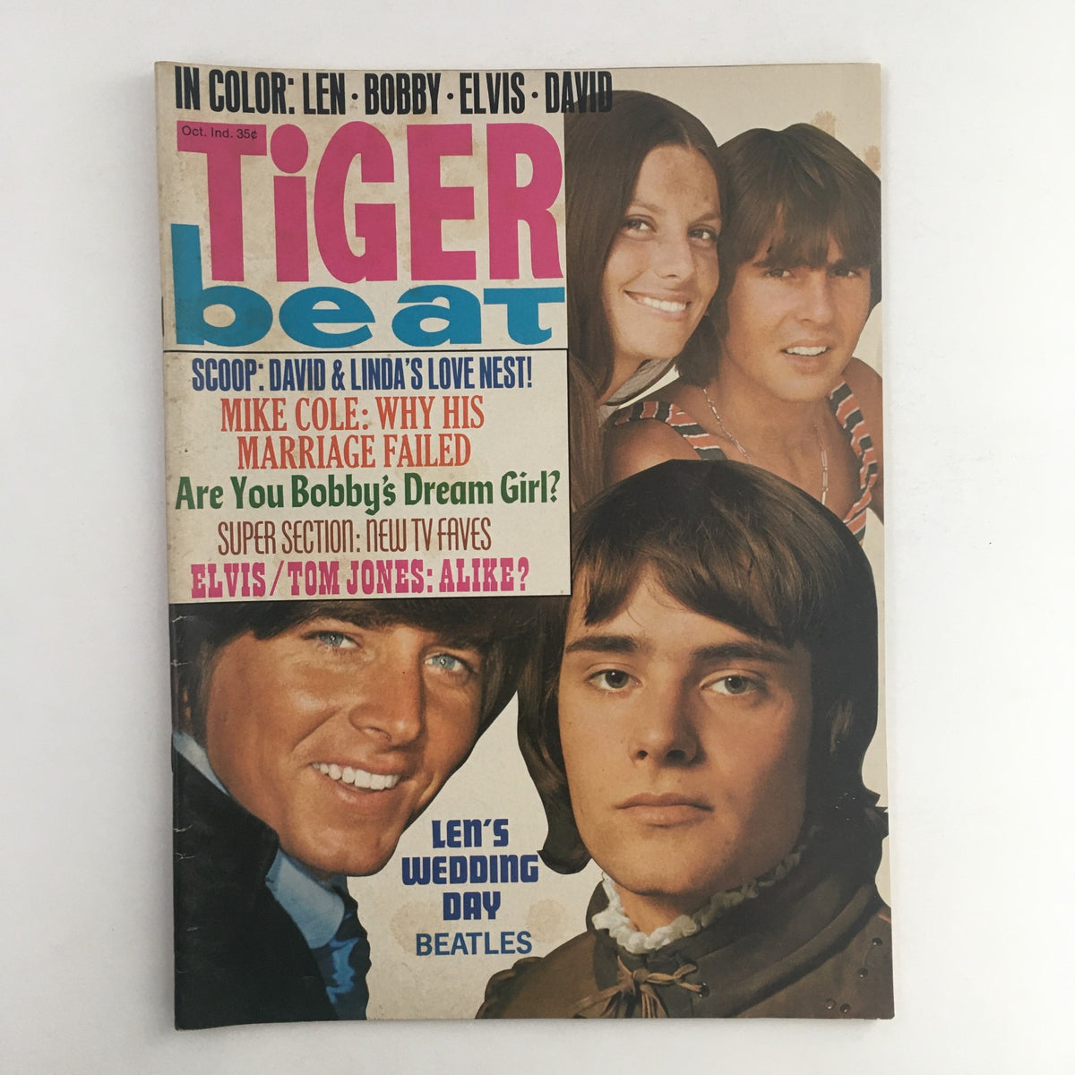 Cover of the Tiger Beat Magazine from October 1969 featuring Bobby Sherman and Elvis Presley, showcasing vibrant colors, iconic pop culture elements, and headlines about teen idols and music themes of the era.
