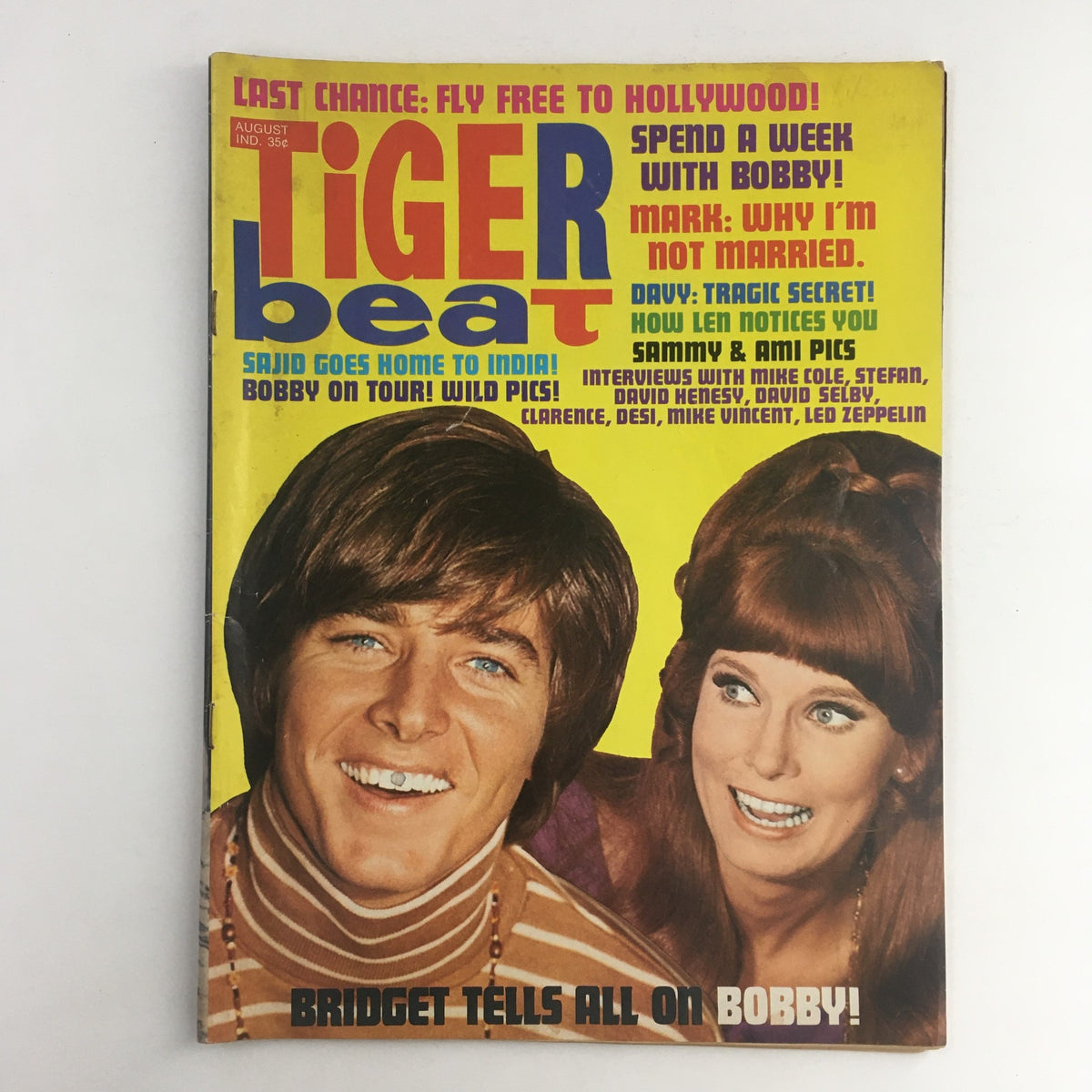 Cover of Tiger Beat Magazine August 1969 featuring Bridget and Bobby Sherman, David Selby, and headlines about celebrity interviews and features, showcasing the vibrant pop culture of the era.