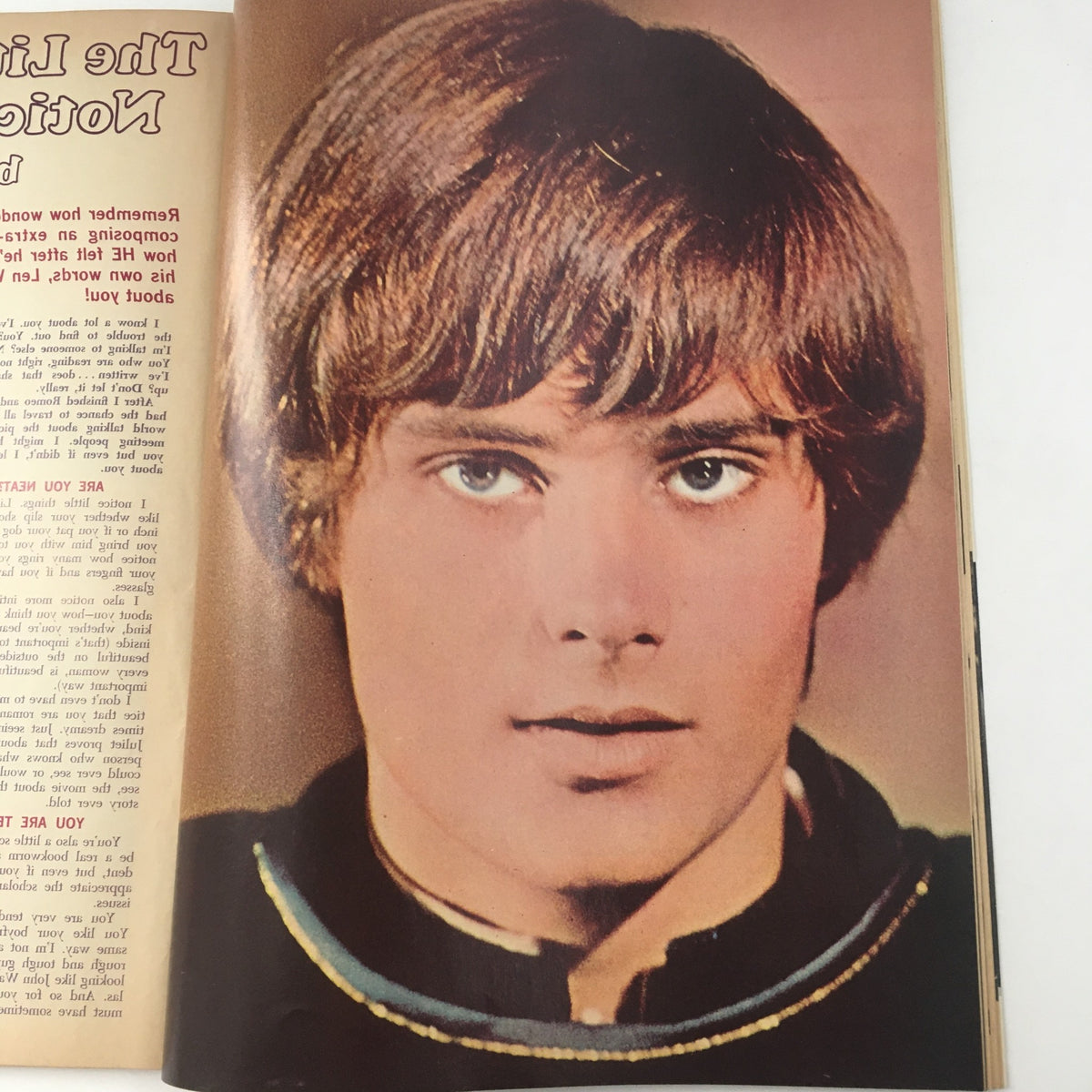 Portrait of a young man with styled hair, gazing directly into the camera, showcased in Tiger Beat Magazine August 1969 featuring David Selby.