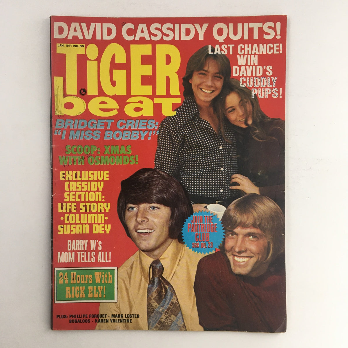 Cover of Tiger Beat Magazine January 1971 featuring Shaun Cassidy, Susan Dey, and Rick Ely. This vintage issue captures the charm of 1970s pop culture with highlights about famous teen idols.