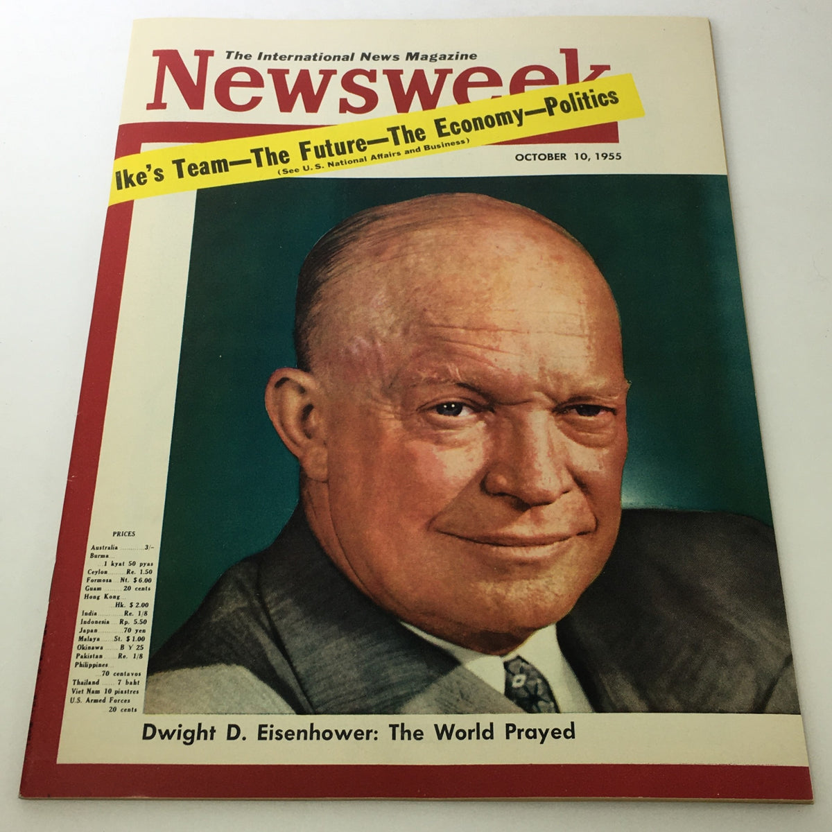 Vintage Newsweek Magazine from October 10, 1955 featuring Dwight D. Eisenhower on the cover, with headlines about politics and the economy.