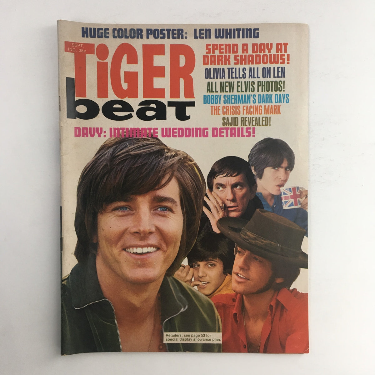 Cover of Tiger Beat Magazine, September 1969, featuring Davy Jones and Bobby Sherman, showcasing vibrant pop culture of the 1960s.
