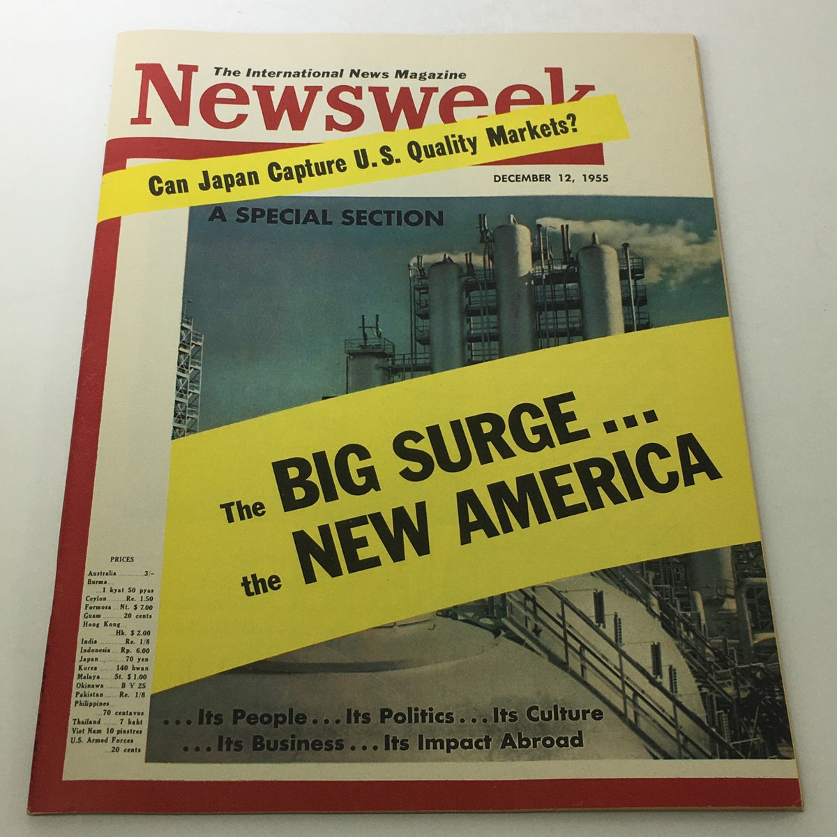Cover of VTG Newsweek Magazine December 12, 1955 featuring the headline 'The BIG SURGE... The NEW AMERICA' with an image of industrial structures and the question 'Can Japan Capture U.S. Quality Markets?'. This vintage magazine highlights significant cultural and political themes of the era.