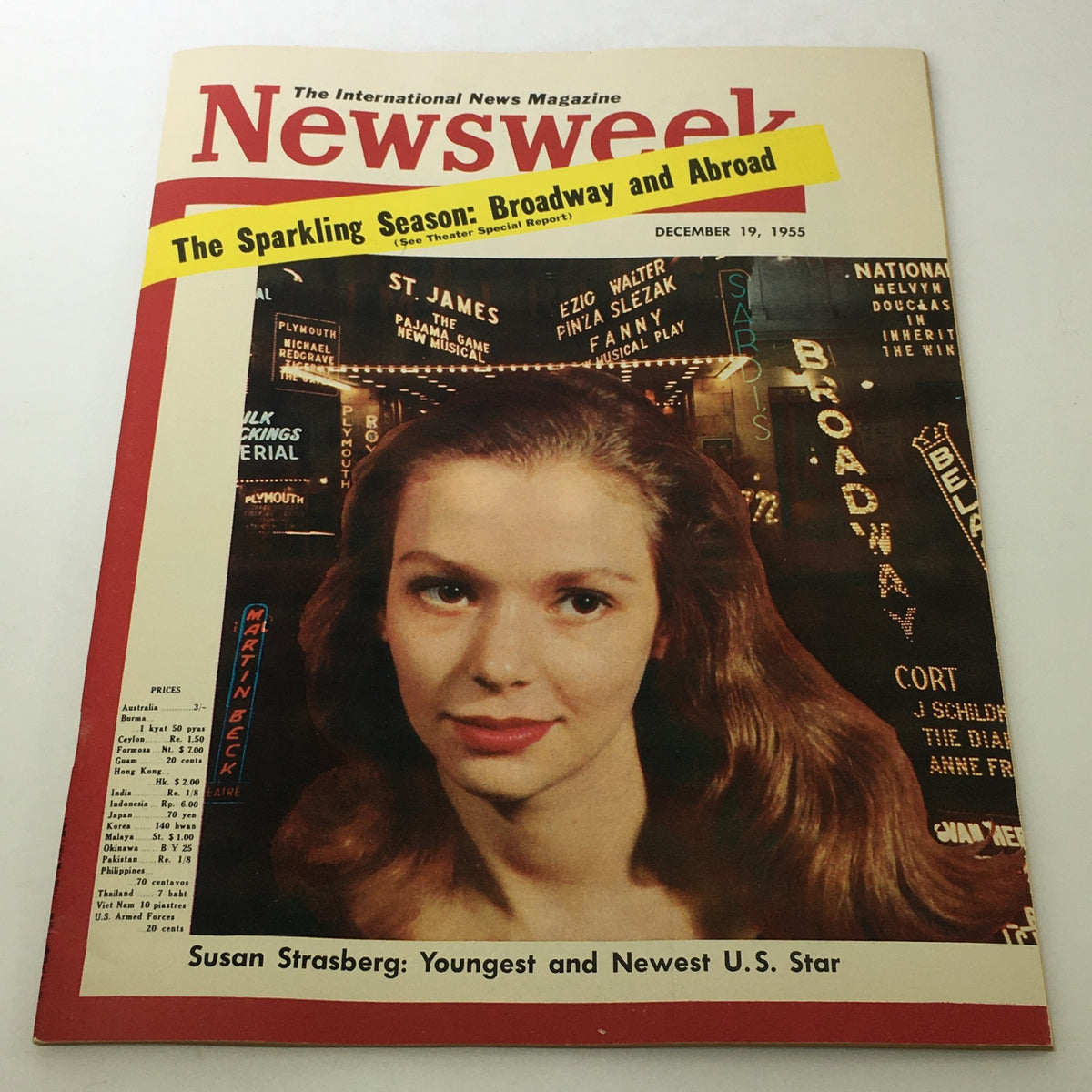 Vintage Newsweek magazine cover from December 19, 1955, featuring Susan Strasberg, titled 'VTG Newsweek Magazine December 19 1955 - Susan Strasberg / Newsstand / No Label'. The cover highlights Broadway theatrical productions and captures the mid-1950s cultural scene.