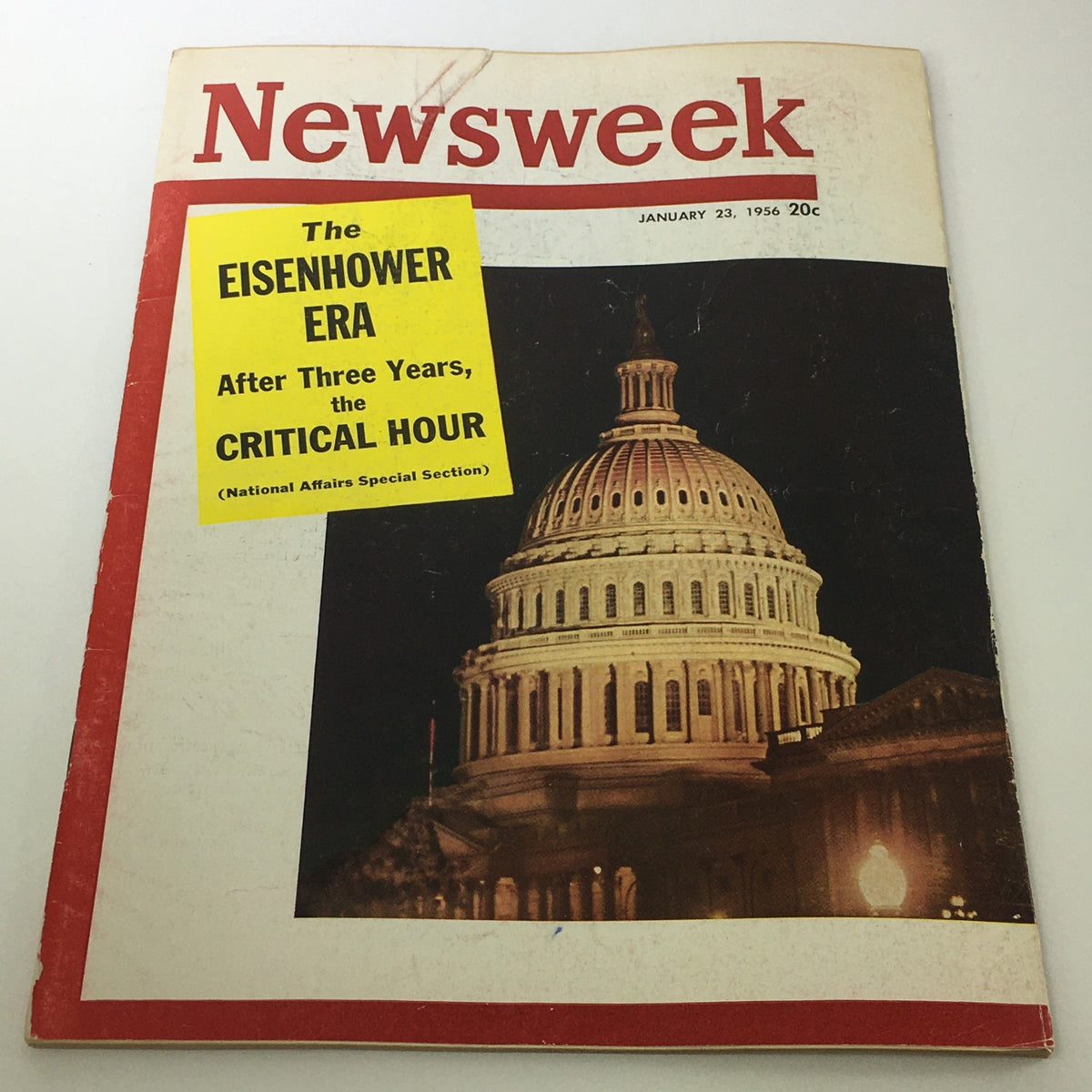 VTG Newsweek Magazine January 23 1956 cover featuring a photo of the U.S. Capitol building and a label highlighting the Eisenhower Era's critical hour.