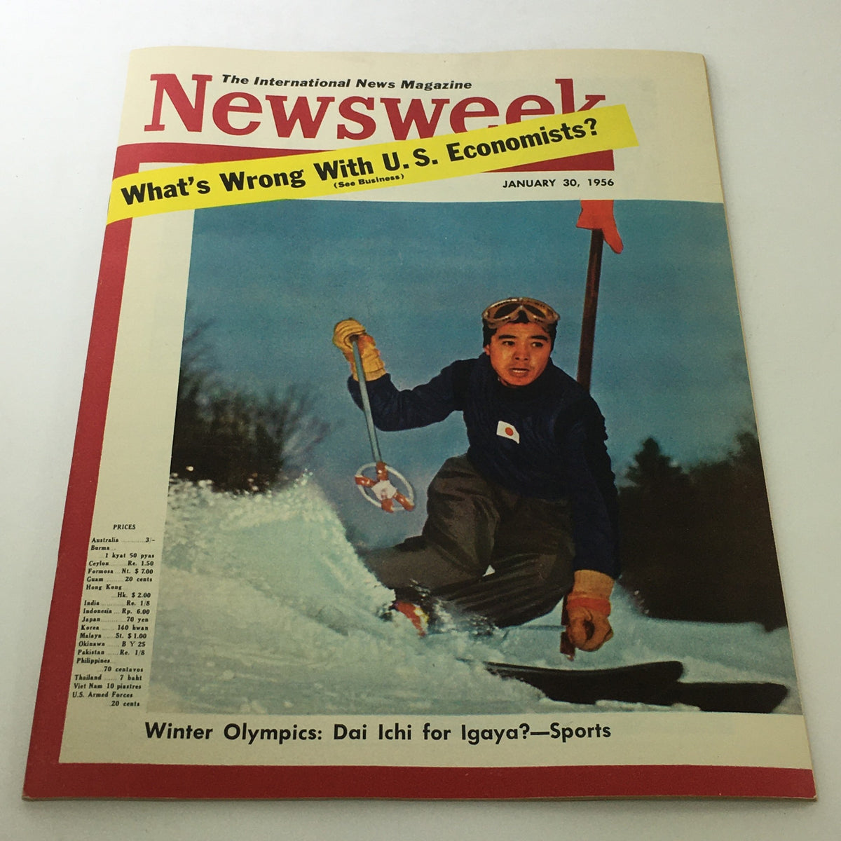 Cover of VTG Newsweek Magazine January 30 1956 featuring winter sports and an athlete skiing, with the headline 'What's Wrong With U.S. Economists?' and the article 'Dai Ichi for Igaya'.