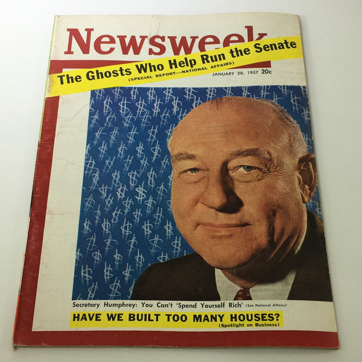 VTG Newsweek Magazine January 28 1957 cover featuring Secretary George M. Humphrey, highlighting a special report on national affairs and dollars in the background.