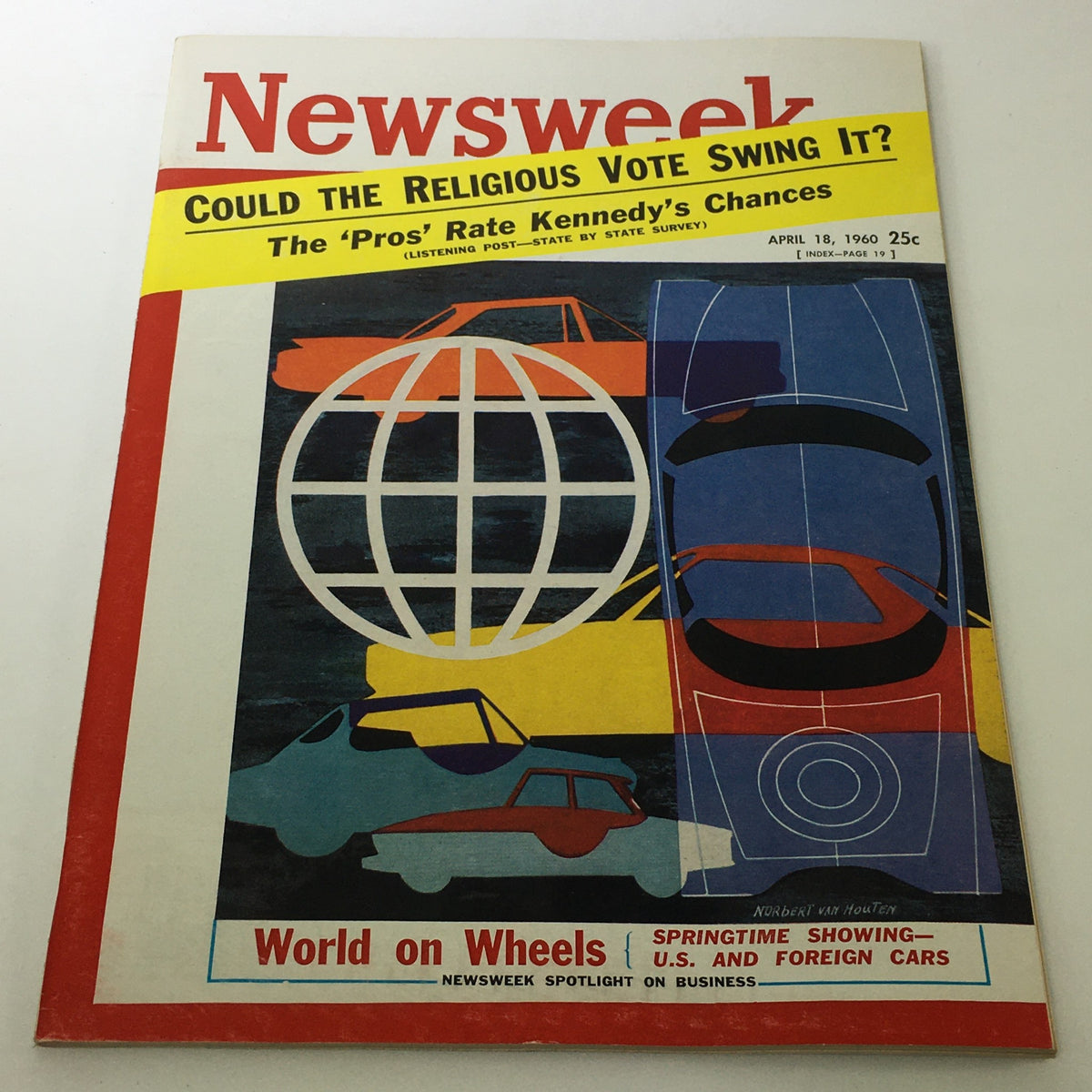 VTG Newsweek Magazine April 18 1960 featuring a colorful cover by Norbert Van Houten, with articles highlighting international affairs and cultural insights from the 1960s.