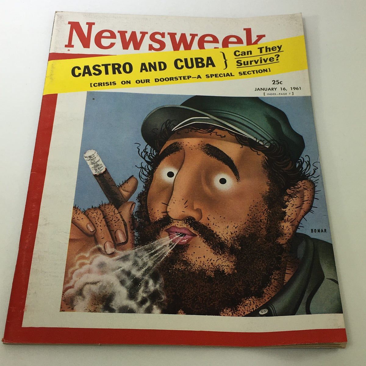 VTG Newsweek Magazine January 16 1961 featuring an illustrated portrait of Fidel Castro smoking a cigar with a bold headline about Cuba, highlighting mid-20th century history.