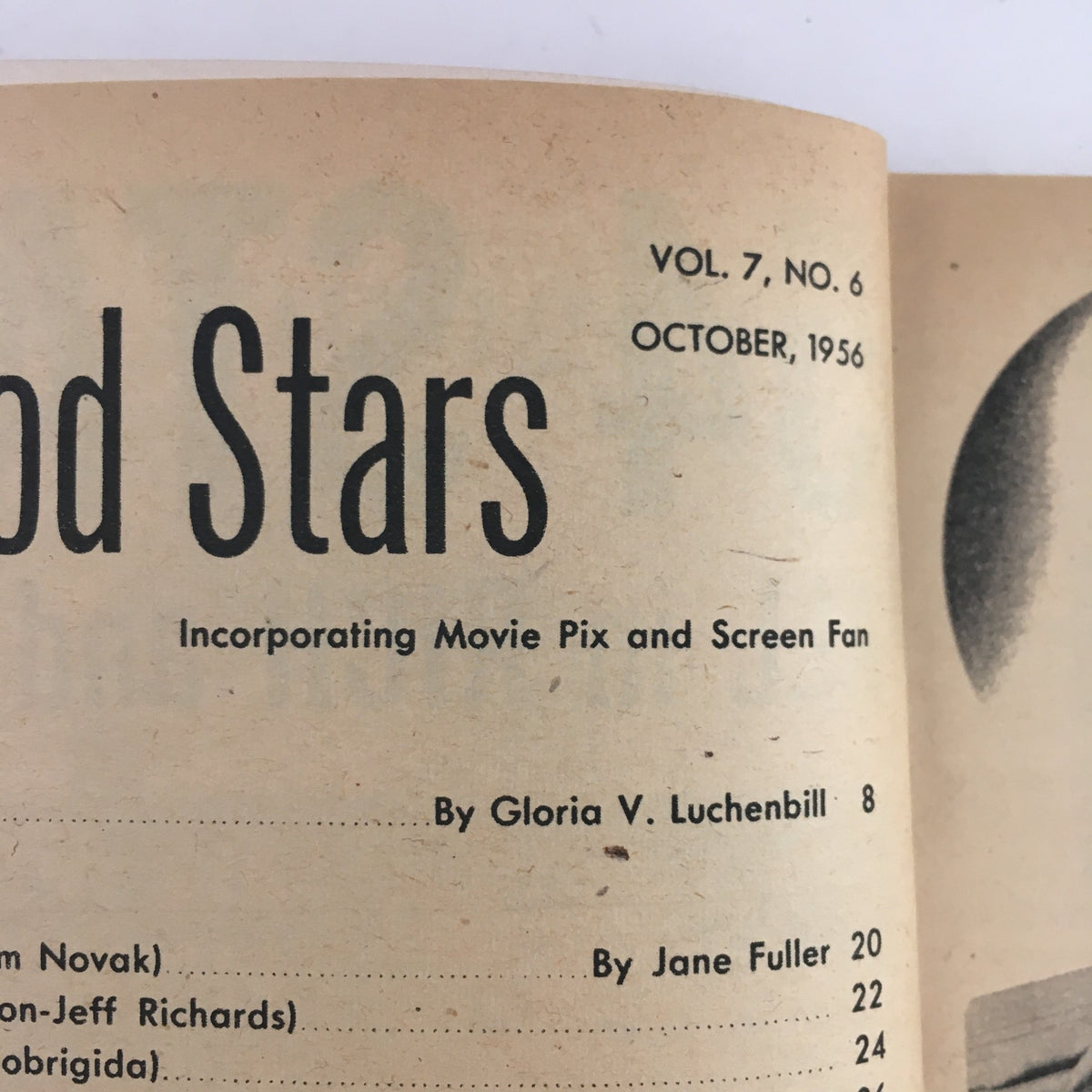 Inside page of Hollywood Stars Magazine October 1956 displaying the magazine title and publication details, emphasizing its historical significance in film culture.