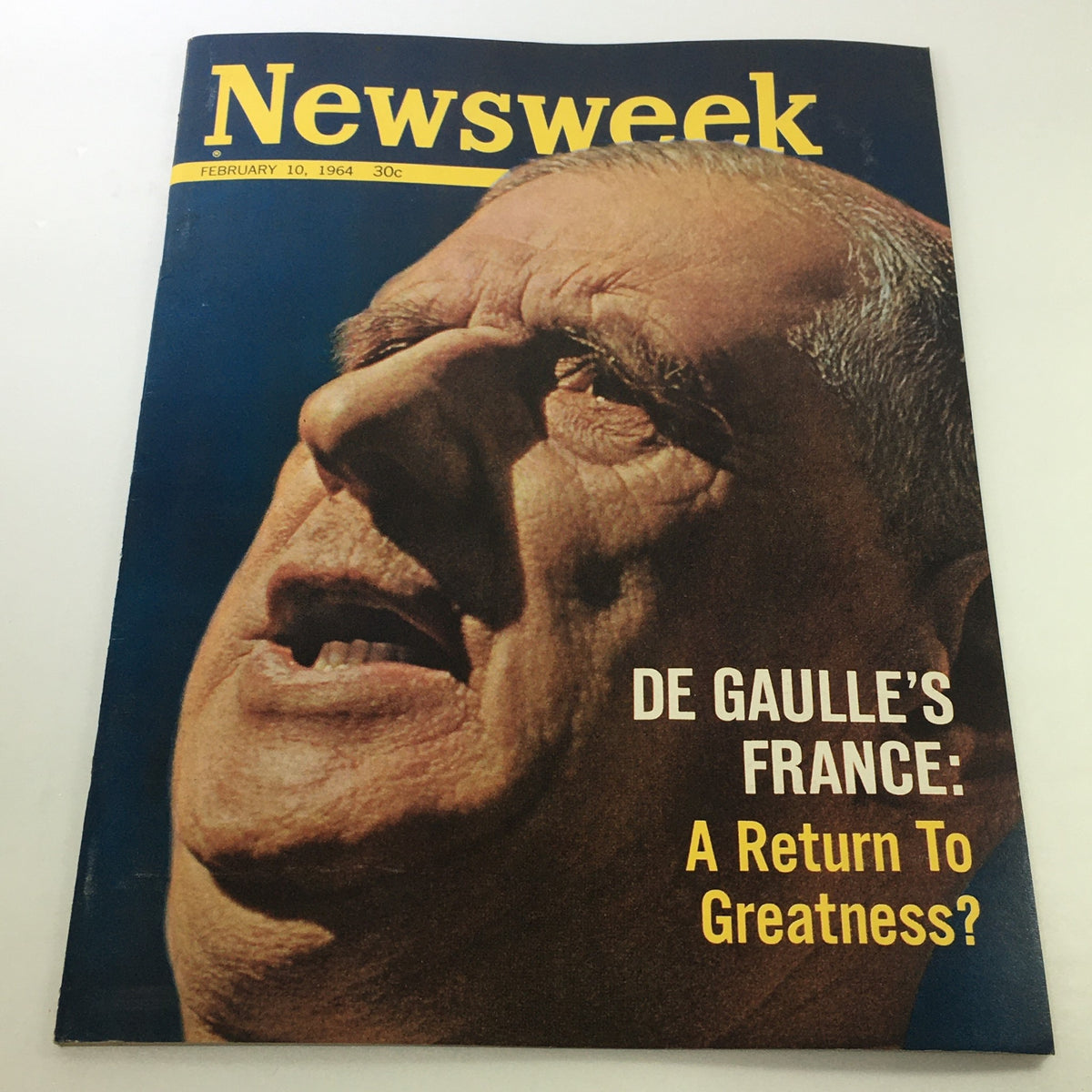 VTG Newsweek Magazine February 10, 1964 featuring Charles de Gaulle on the cover, with the headline 'De Gaulle's France: A Return to Greatness?' showcasing a close-up portrait of the iconic French leader.