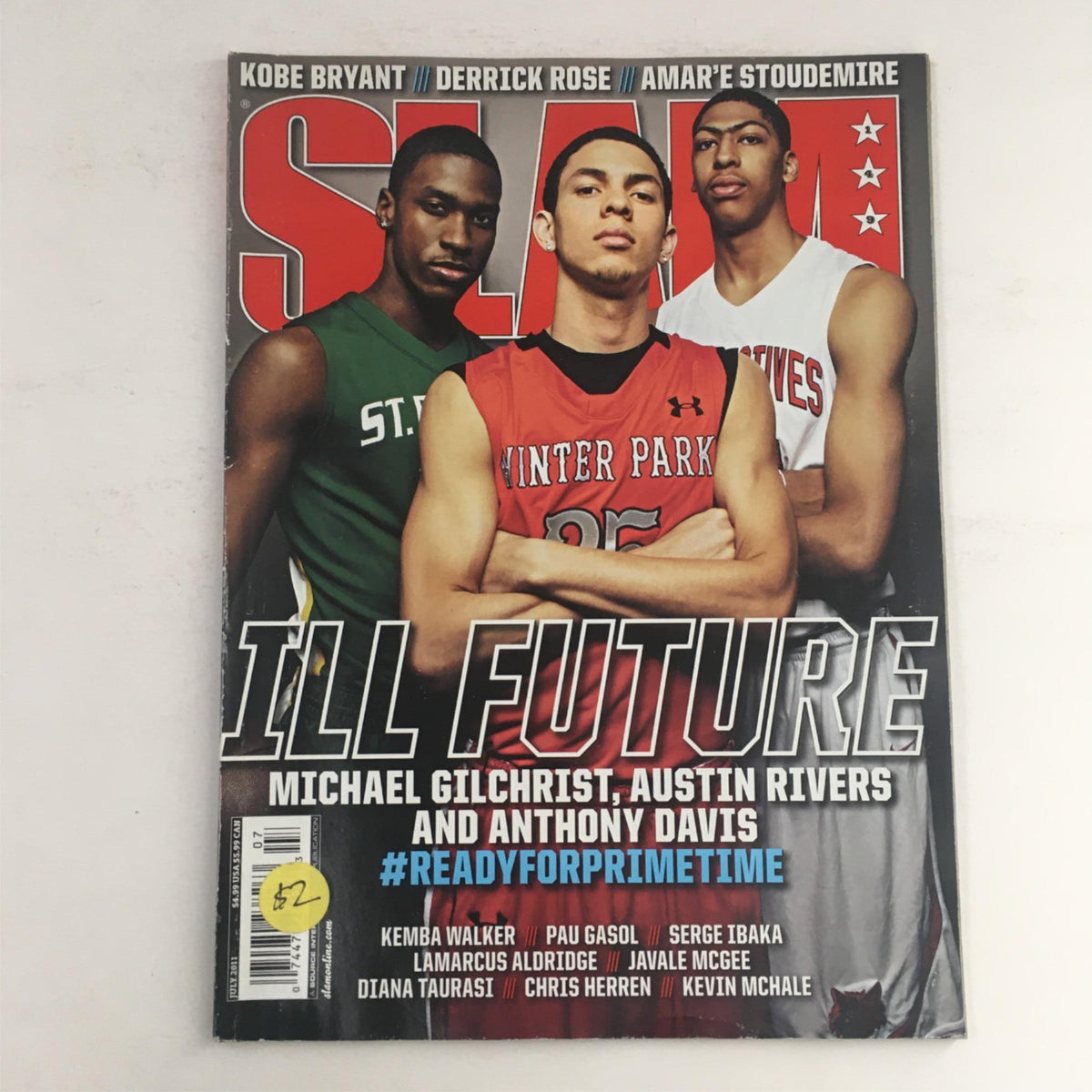 Slam Magazine July 2011 cover featuring Michael Gilchrist, Austin Rivers, and Anthony Davis, highlighting the theme 'Ill Future' with prominent athletes in basketball.