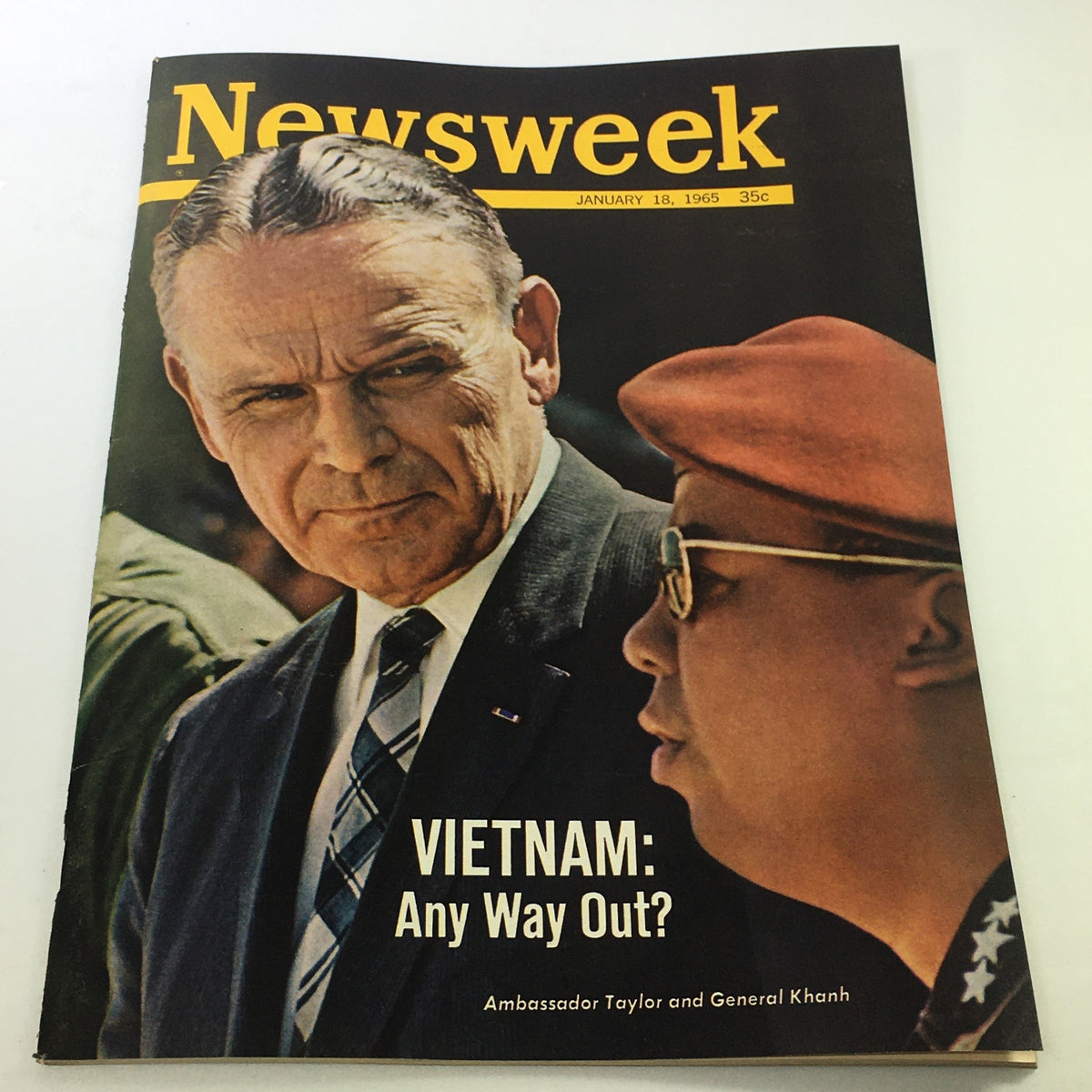 VTG Newsweek Magazine January 18 1965 cover featuring Ambassador Taylor and General Khanh with the headline 'Vietnam: Any Way Out?' This historical magazine offers insights into the Vietnam War and the political landscape of the 1960s.