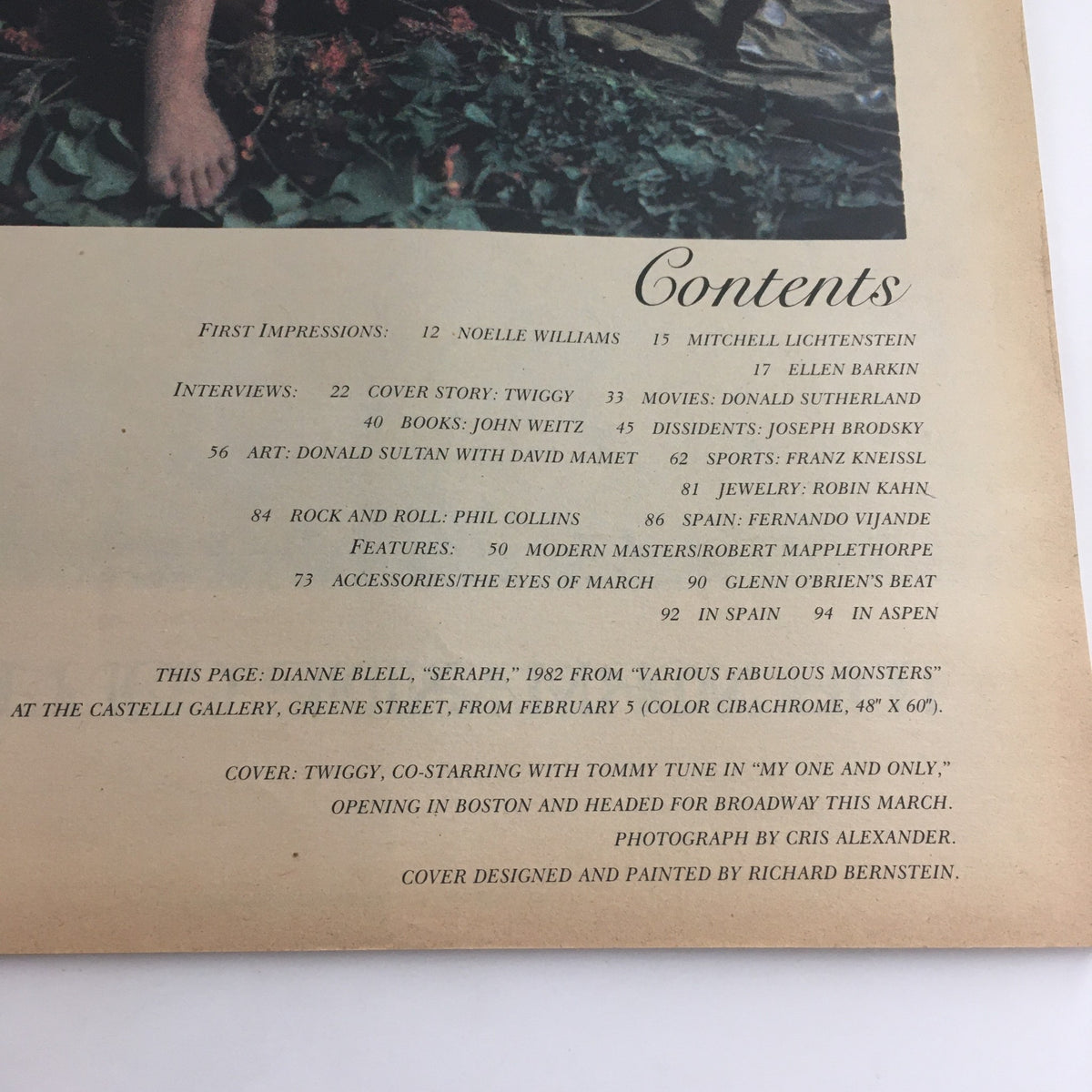 Contents page of the March 1983 issue of Interview Magazine featuring Model Twiggy and Tommy Tune. Highlights include interviews, art, book recommendations, and features on cultural trends of the early 1980s.