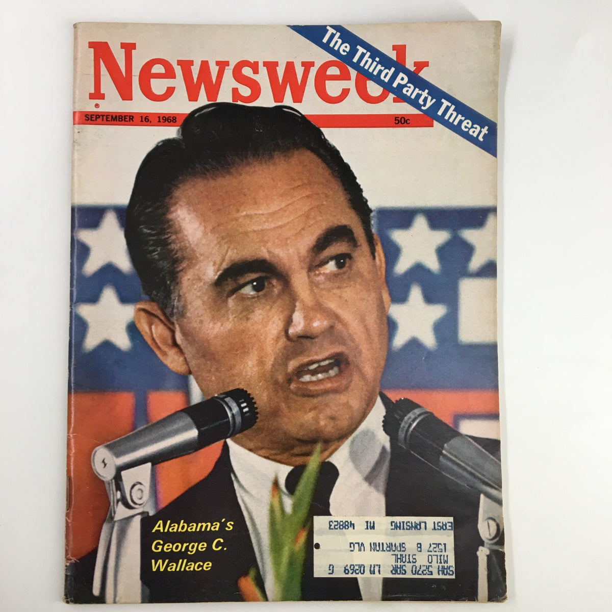 Cover of VTG Newsweek Magazine dated September 16, 1968 featuring Alabama's George C. Wallace, discussing the third party threat in American politics. The magazine showcases an image of Wallace speaking at a podium with microphones, surrounded by American flags.