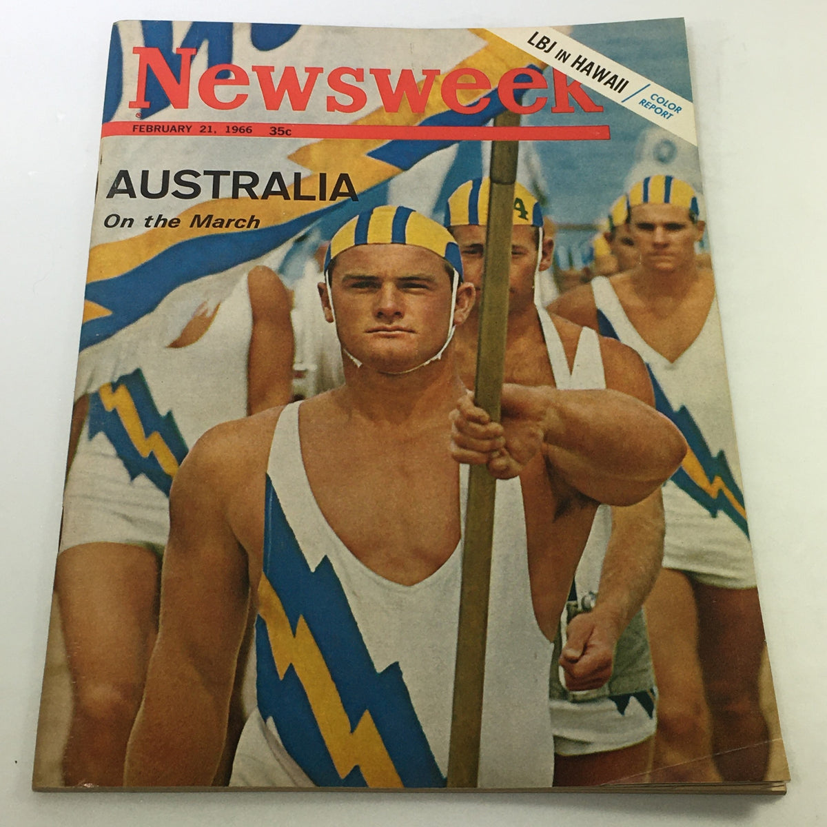 Cover of VTG Newsweek Magazine February 21, 1966, featuring the headline 'Australia On The March' with an image of male athletes in distinctive blue and yellow uniforms.