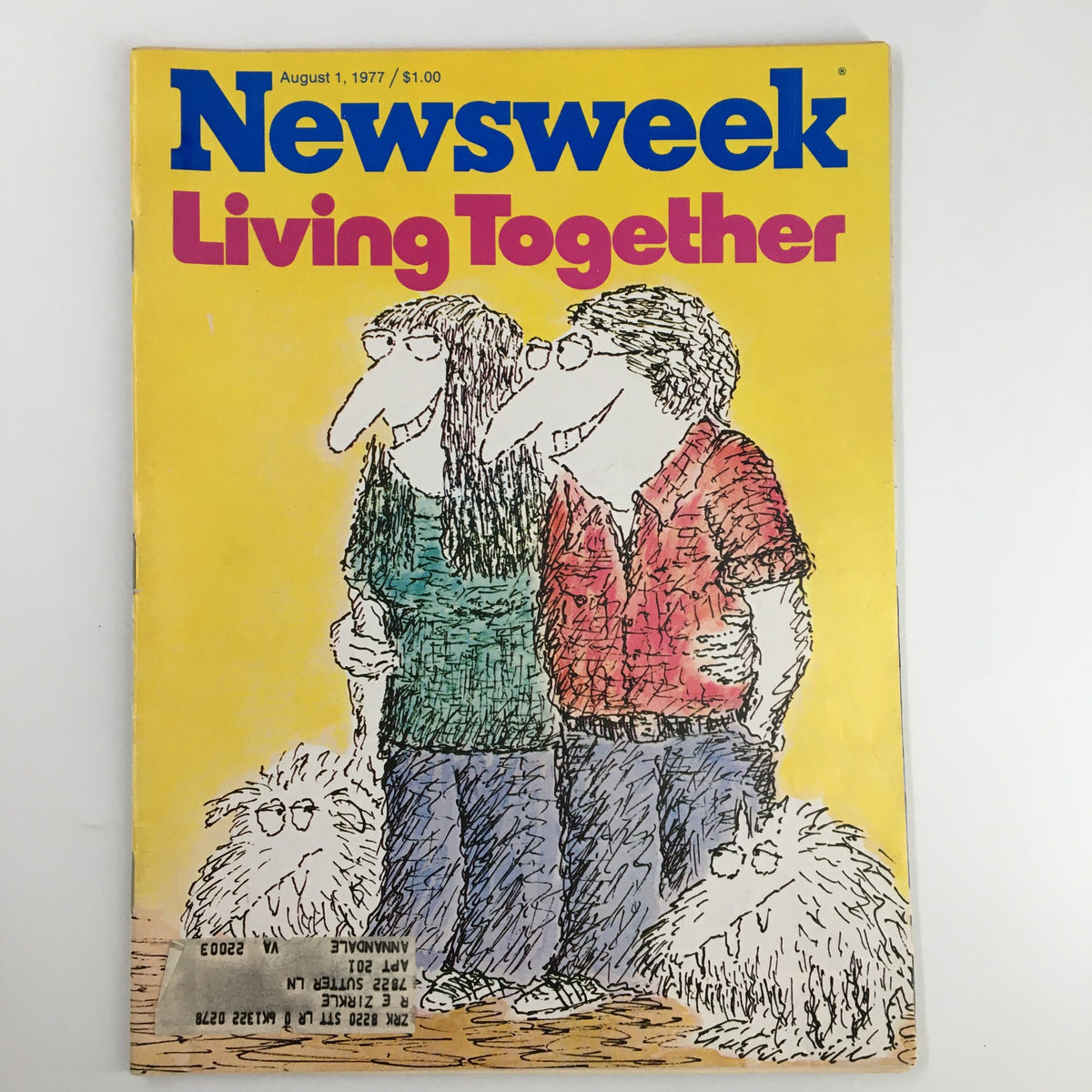 Cover of VTG Newsweek Magazine August 1, 1977 featuring a couple living together with their dogs, showcasing vibrant illustrations and cultural themes of family life in the late 1970s.