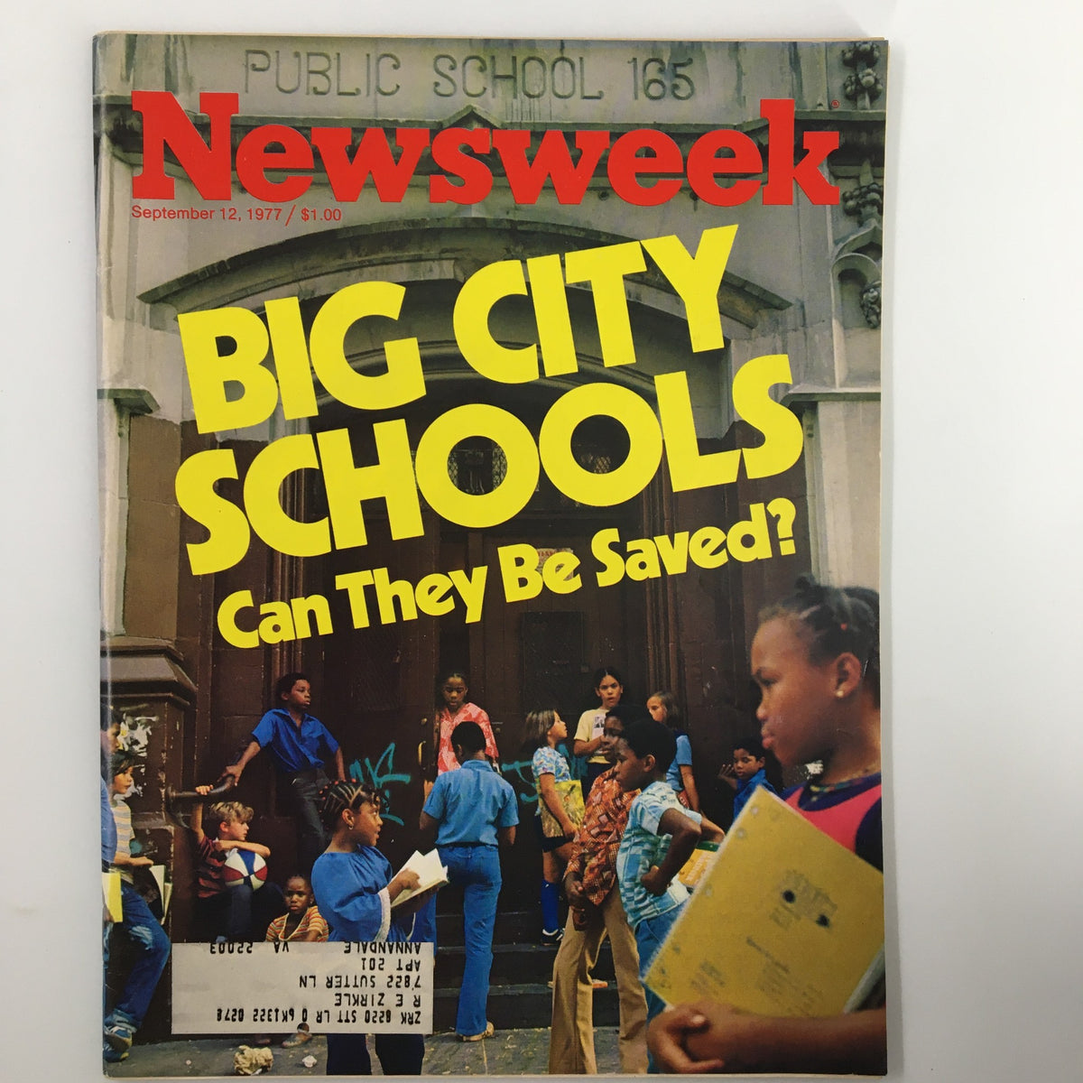 Cover of the vintage Newsweek magazine September 12, 1977, featuring the title 'Big City Schools: Can They Be Saved?' with children outside a public school.