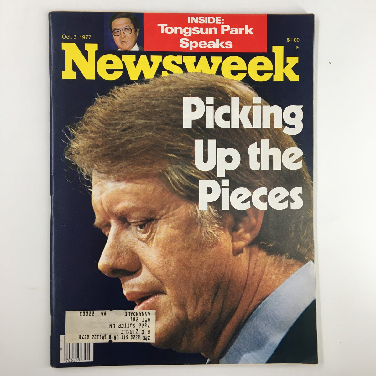 Cover of VTG Newsweek Magazine from October 3, 1977, featuring the title 'Jimmy Carter: Picking Up the Pieces' with an image of a contemplative President Jimmy Carter.