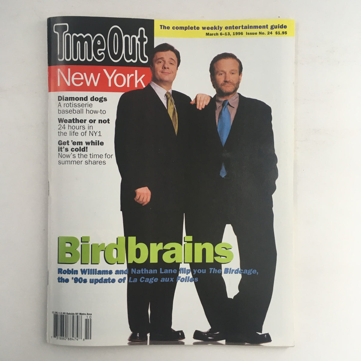 Cover of Time Out New York Magazine from May 6, 1996 featuring Robin Williams and Nathan Lane, highlighting their roles in 'The Birdcage'.