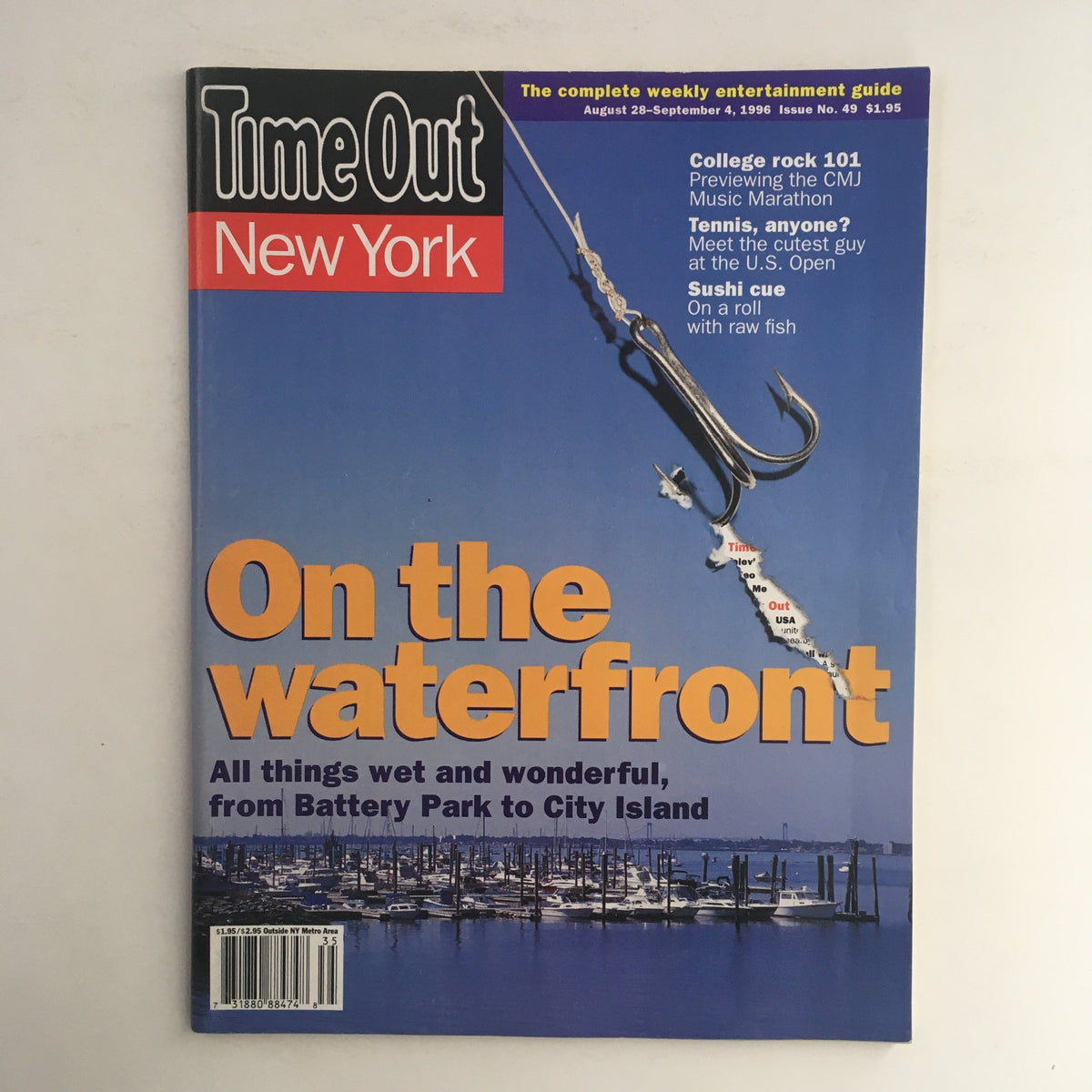 Time Out New York Magazine August 28 1996 featuring the cover story 'On the waterfront' showcasing Battery Park to City Island with a fishing hook and scenic marina visuals.