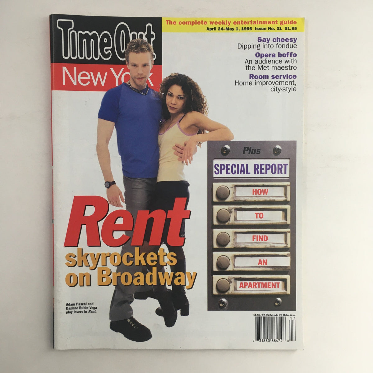 Time Out New York Magazine April 24, 1996 cover featuring Adam Pascal and Daphne Rubin-Vega, highlighting the Broadway musical 'Rent' with the tagline 'Rent skyrockets on Broadway'.